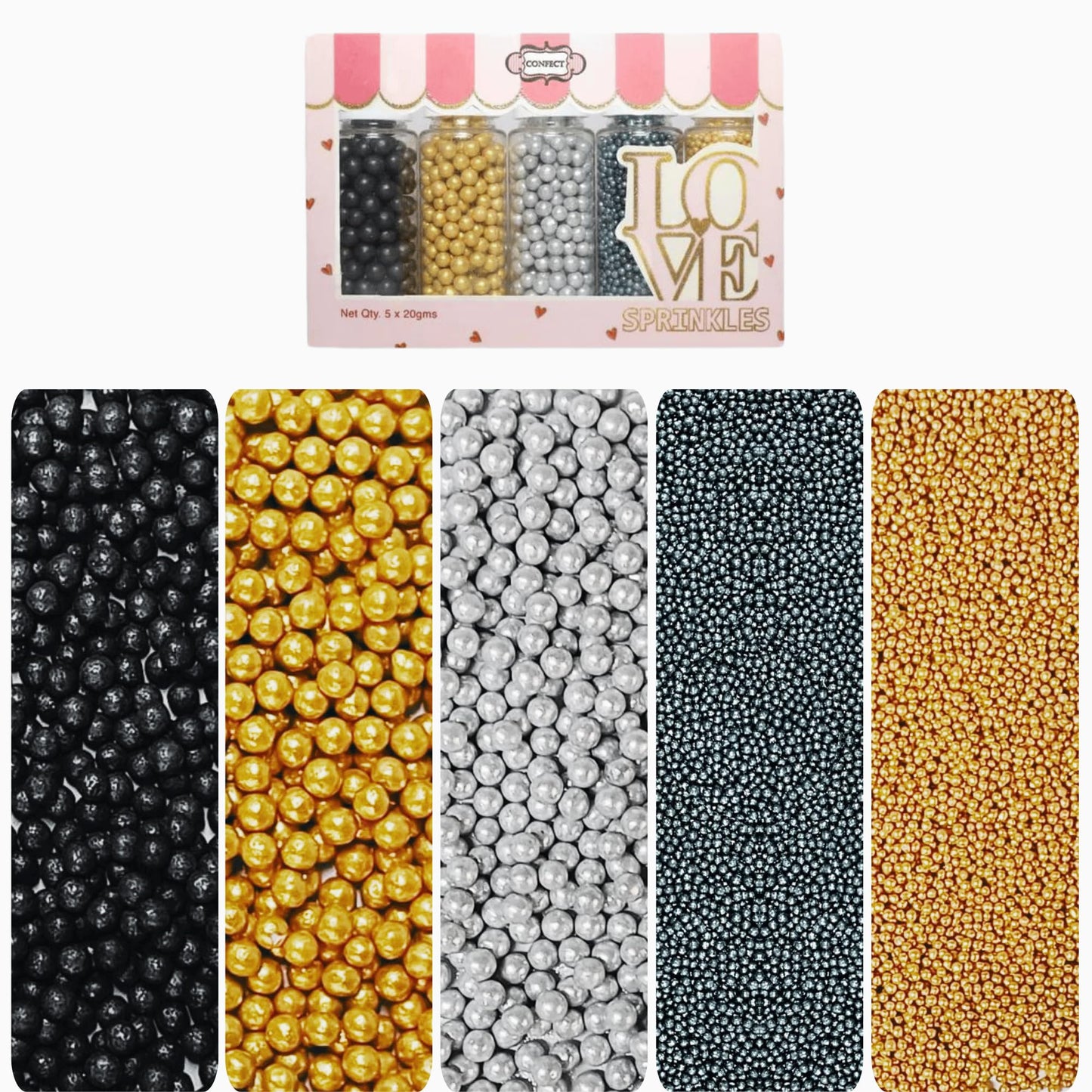 Confect Edible Galaxy Sprinkles | Sprinkles For Cakes & Cupcakes Decoration | Pack Of 5 Mix Black, Champagne Gold, Sliver, Grey & Golden Pearl | Vegan, Gluten-Free, Nut-Free, Soy-Free, Dairy-Free, Palm Oil-Free- 5 Oz
