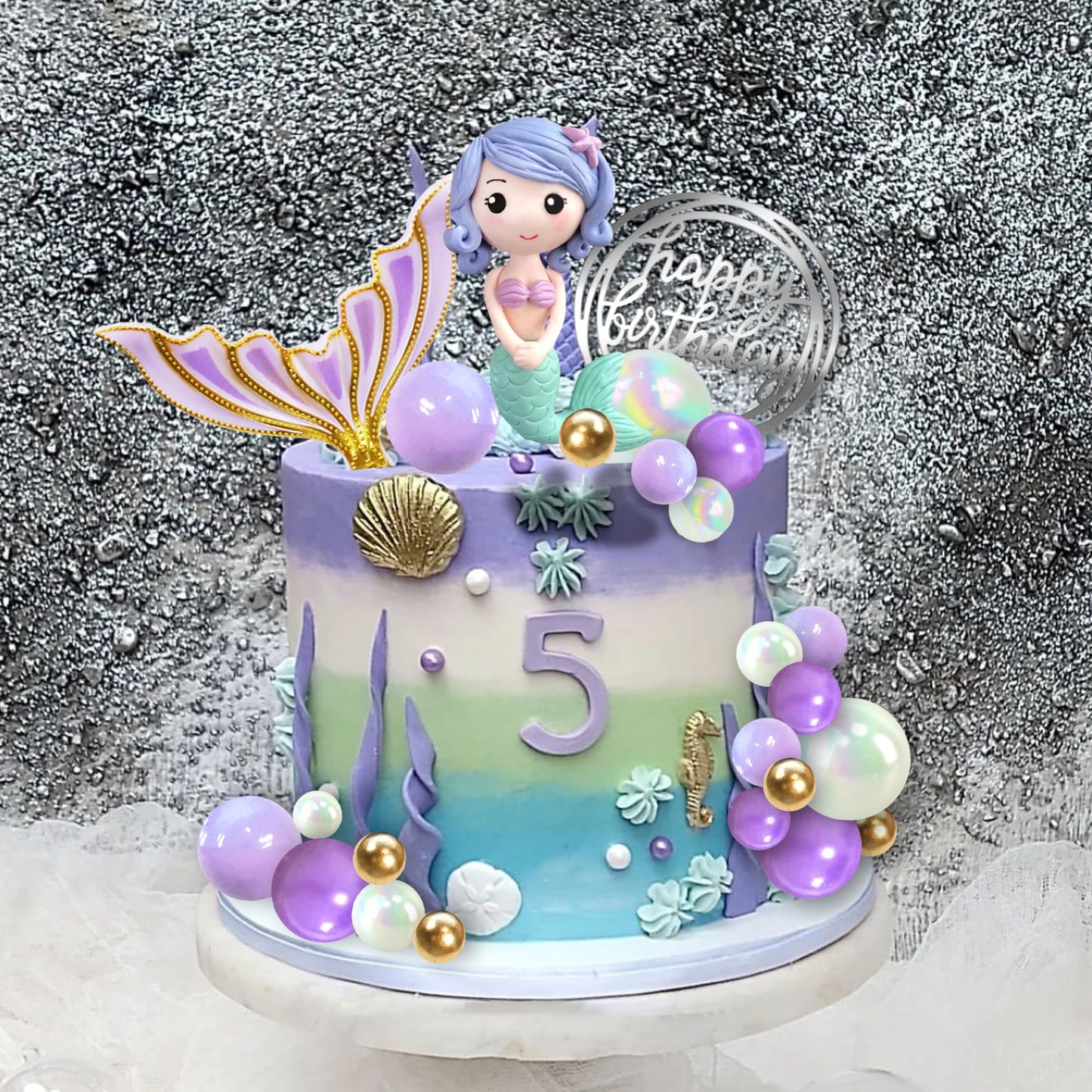 Mermaid Cake Toppers Under The Sea Mermaid Tail Cake Decorations Gold Purple Pearl Ball For Girl Kid Birthday Party Mermaid Them