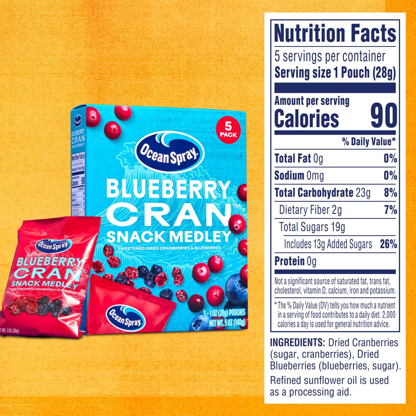 Ocean Spray Blueberry Cran Snack Medley, Cranberry And Blueberry Dried Fruit Snack, 1 Oz Pouches, 5 Count (Pack Of 10)