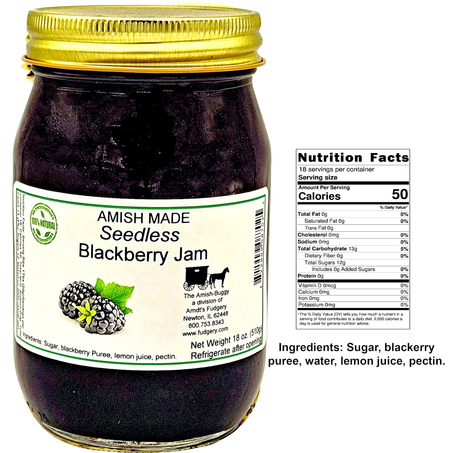 Amish Seedless Blackberry Jam - Two 18 Oz Jars