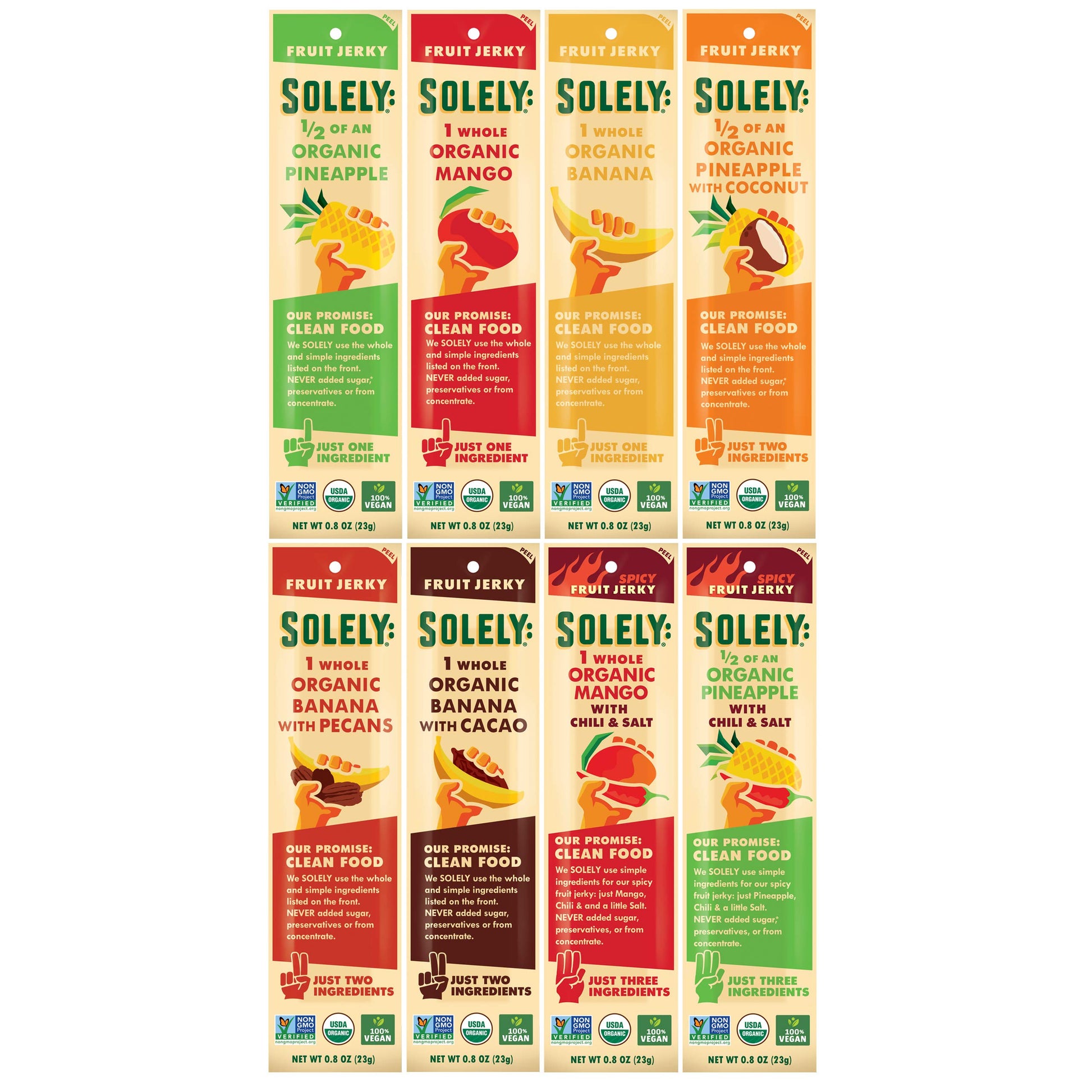 Solely - Organic Fruit Jerky Variety Pack - 8 Flavors, 8 Individually Wrapped Fruit Strips - Fruit Leather Made From Dried Fruit