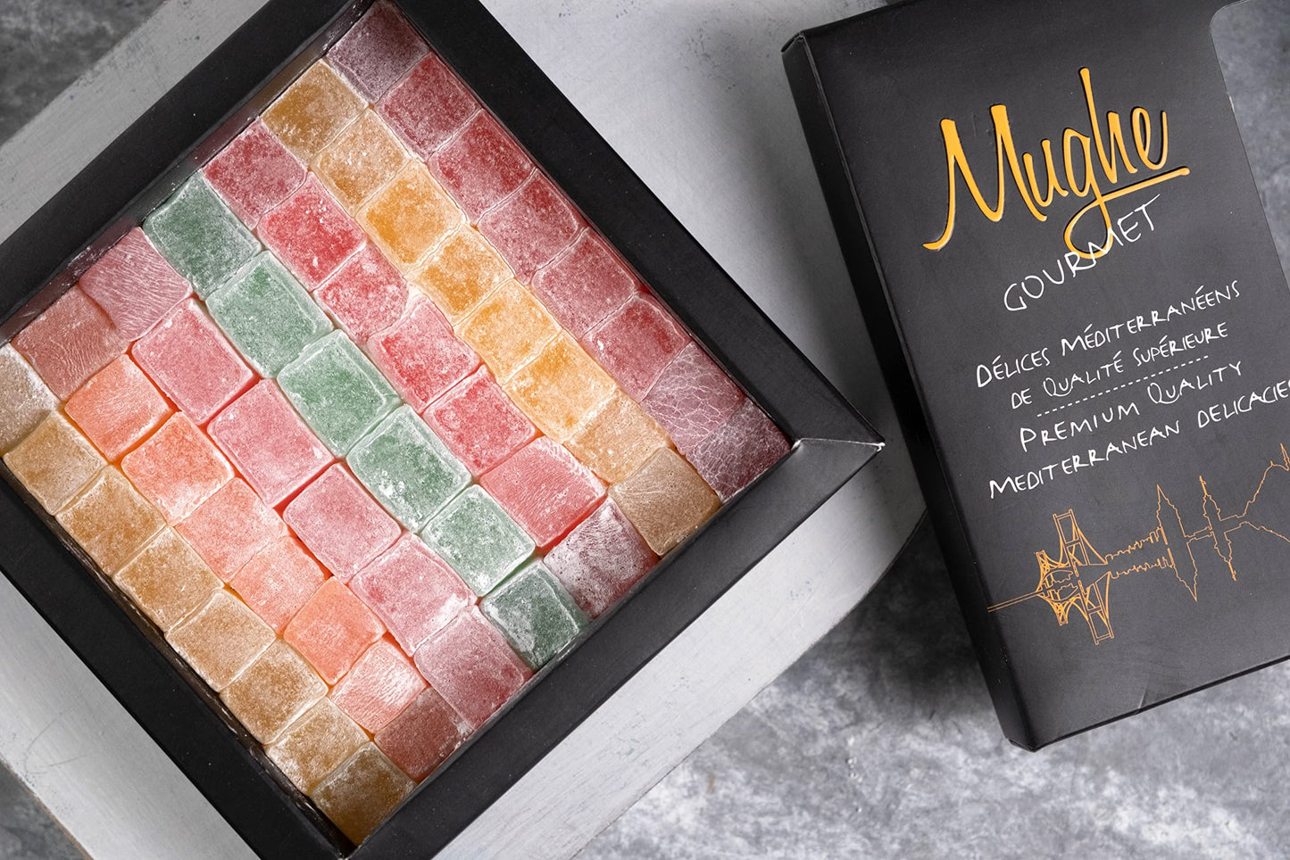 Mughe Gourmet Turkish Delight Candy Gift Box - 13.05Oz/370G - Halal Vegan Lokum Fruit Flavors Rose, Strawberry, Lemon, Orange, Mint - Gifts For Special Occasions, Halloween, Christmas, Birthdays