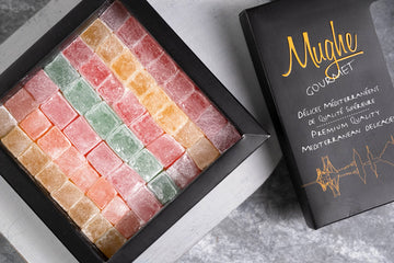 Mughe Gourmet Turkish Delight Candy Gift Box - 13.05Oz/370G - Halal Vegan Lokum Fruit Flavors Rose, Strawberry, Lemon, Orange, Mint - Gifts For Special Occasions, Halloween, Christmas, Birthdays