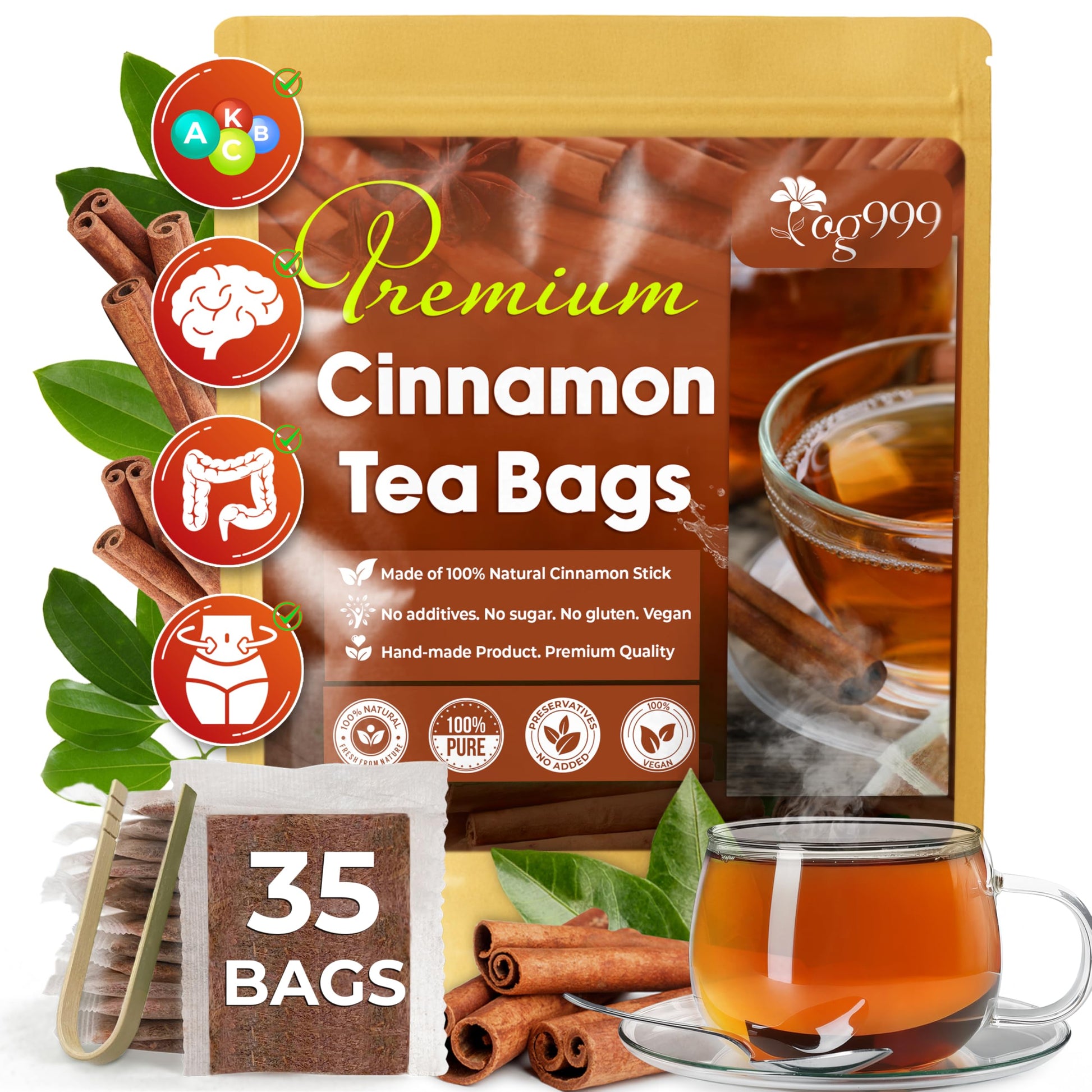 TOG999 Cinnamon Tea - Pure Ceylon Herbal Tea, Caffeine Free, Vegan, Gluten Free - 35 Bags