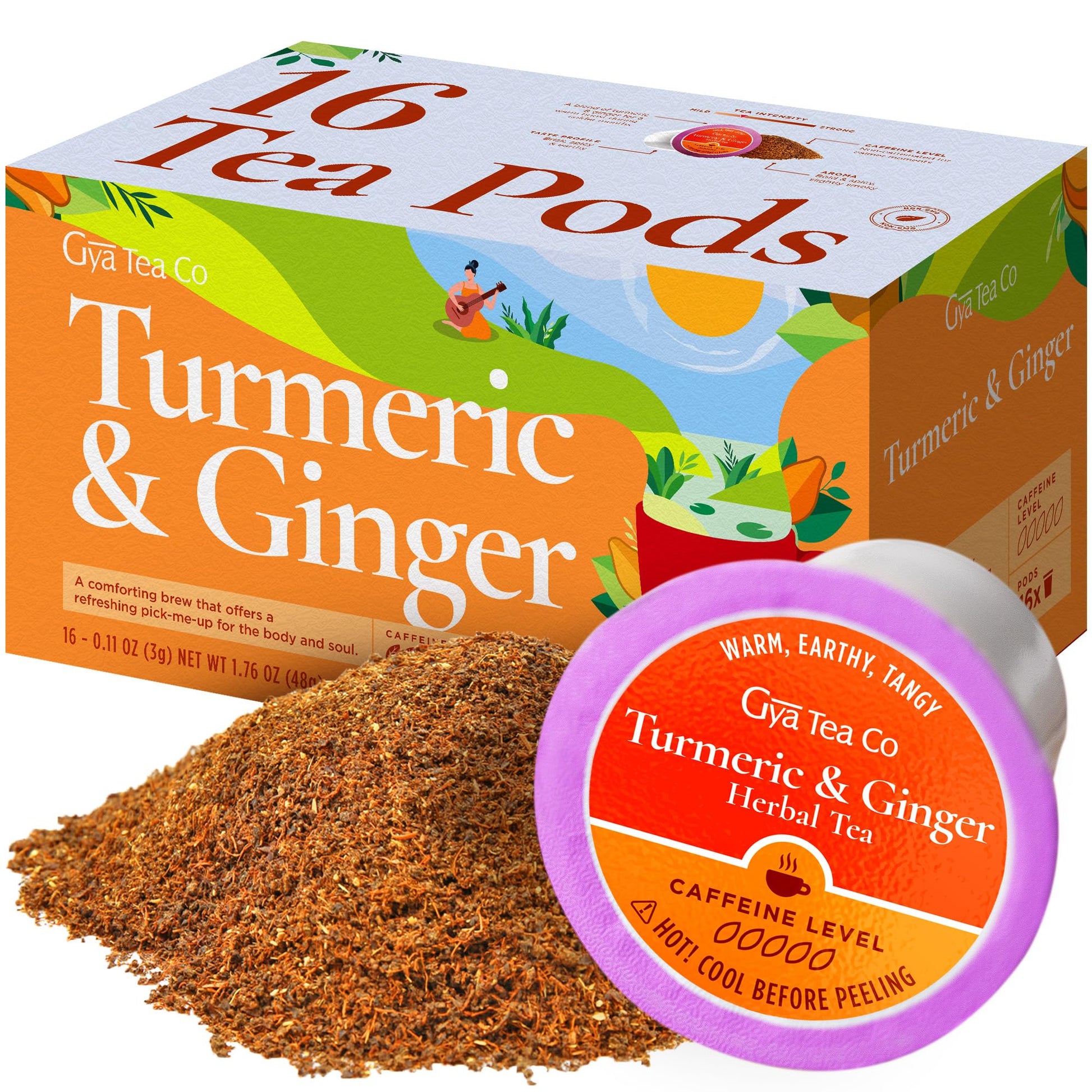 Gya Tea Co Turmeric Ginger Herbal Tea Pods - Decaf Wellness Tea for Body Comfort - 16 Count