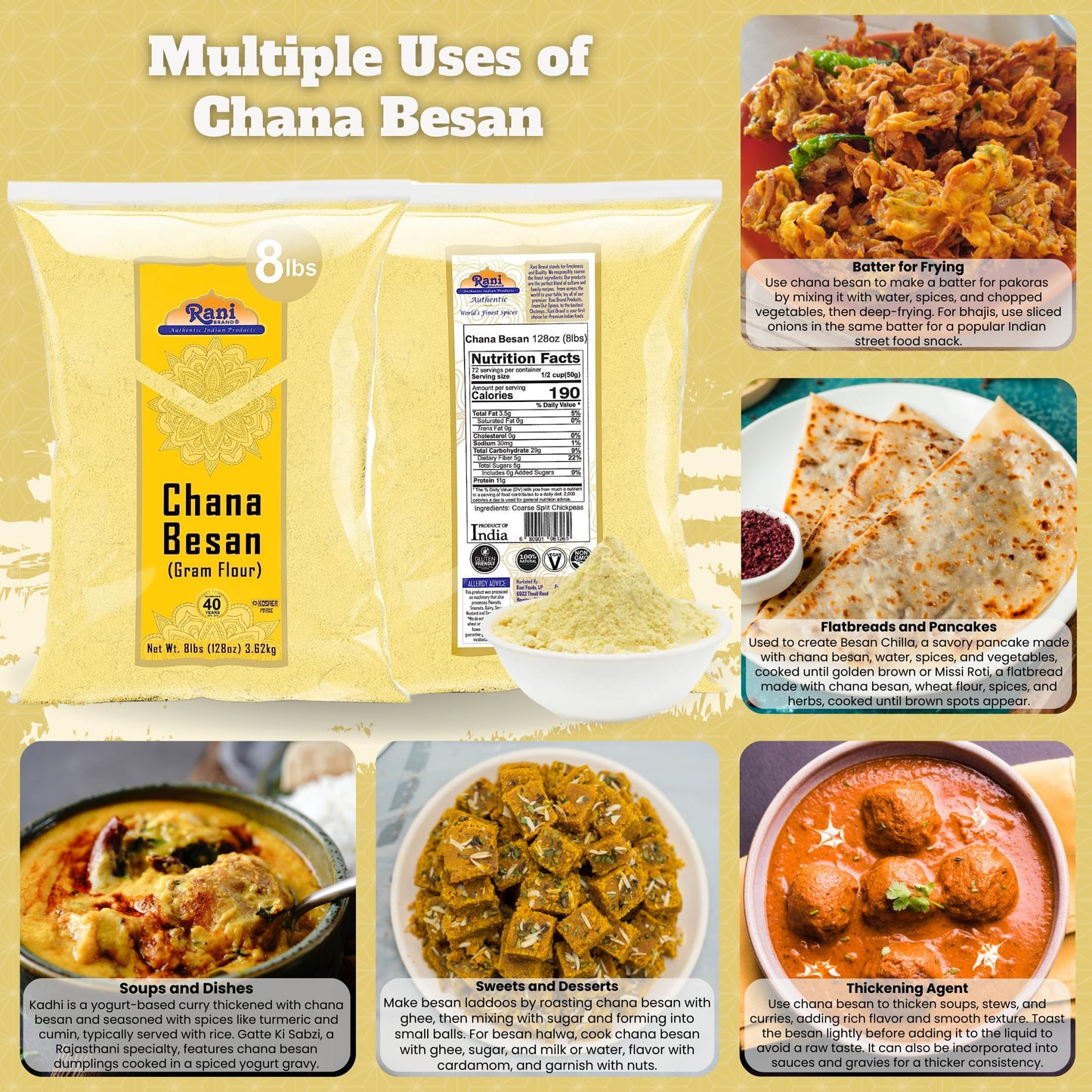 Rani Chana Besan (Chickpeas Flour, Gram) 128Oz (8Lbs) 3.63Kg Bulk ~ All Natural | Vegan | Gluten Friendly | Non-Gmo | Indian Origin