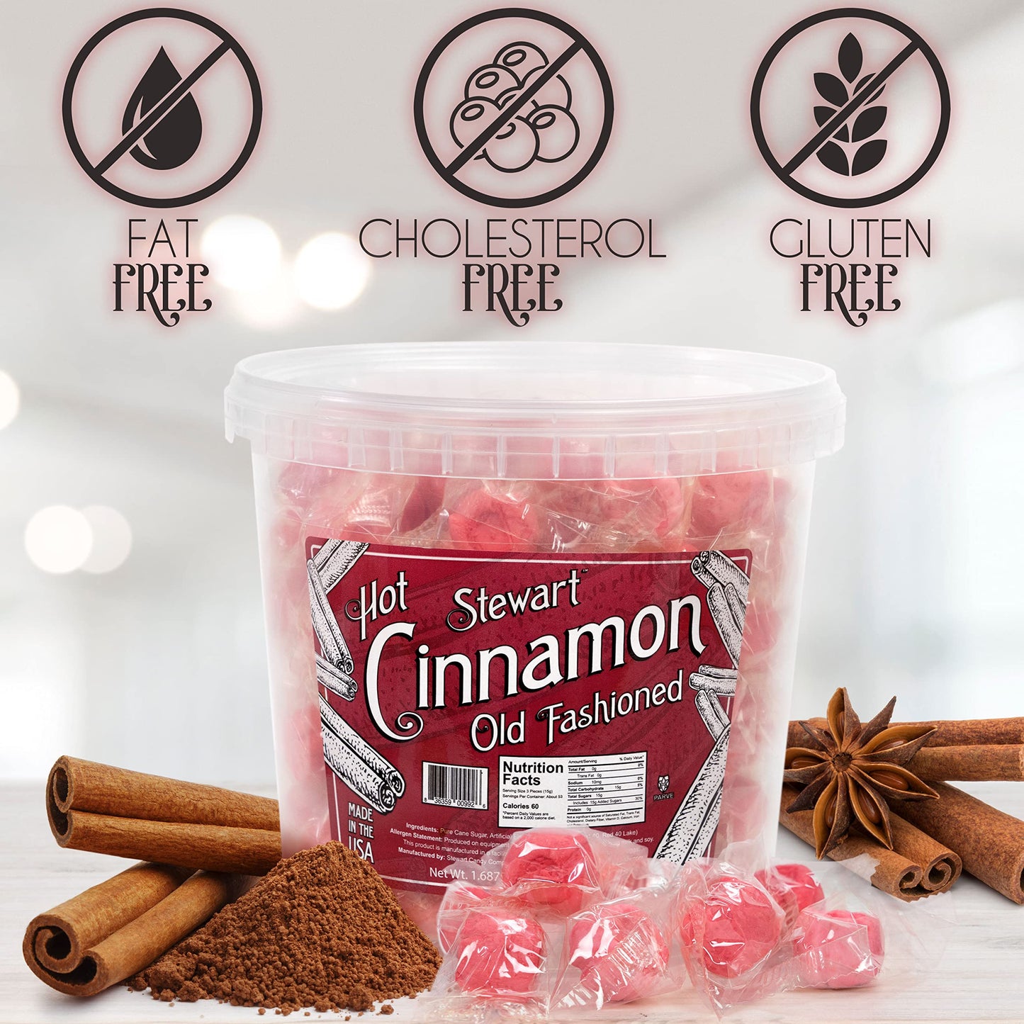 Stewart Old Fashioned Hot Cinnamon Candy Puffs | Red Cinnamon Candies Individually Wrapped Candy | Pure Cane Sugar Candy | Fat-Free, Cholesterol-Free, Gluten-Free | Made In Usa - 27 Oz Tub