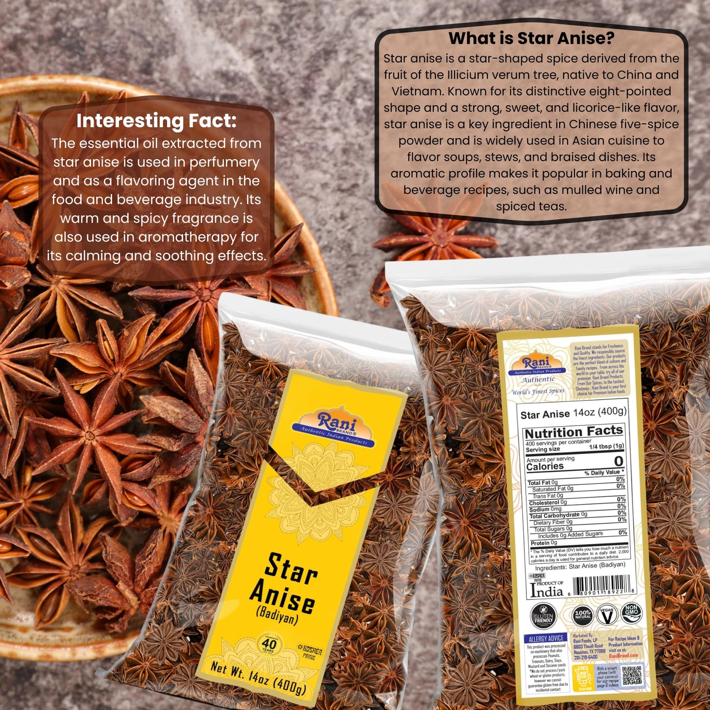 Rani Star Anise Seeds, Whole Pods (Badian Khatai) Spice 14Oz (400G) ~ All Natural | Gluten Friendly | Non-Gmo | Kosher | Vegan |