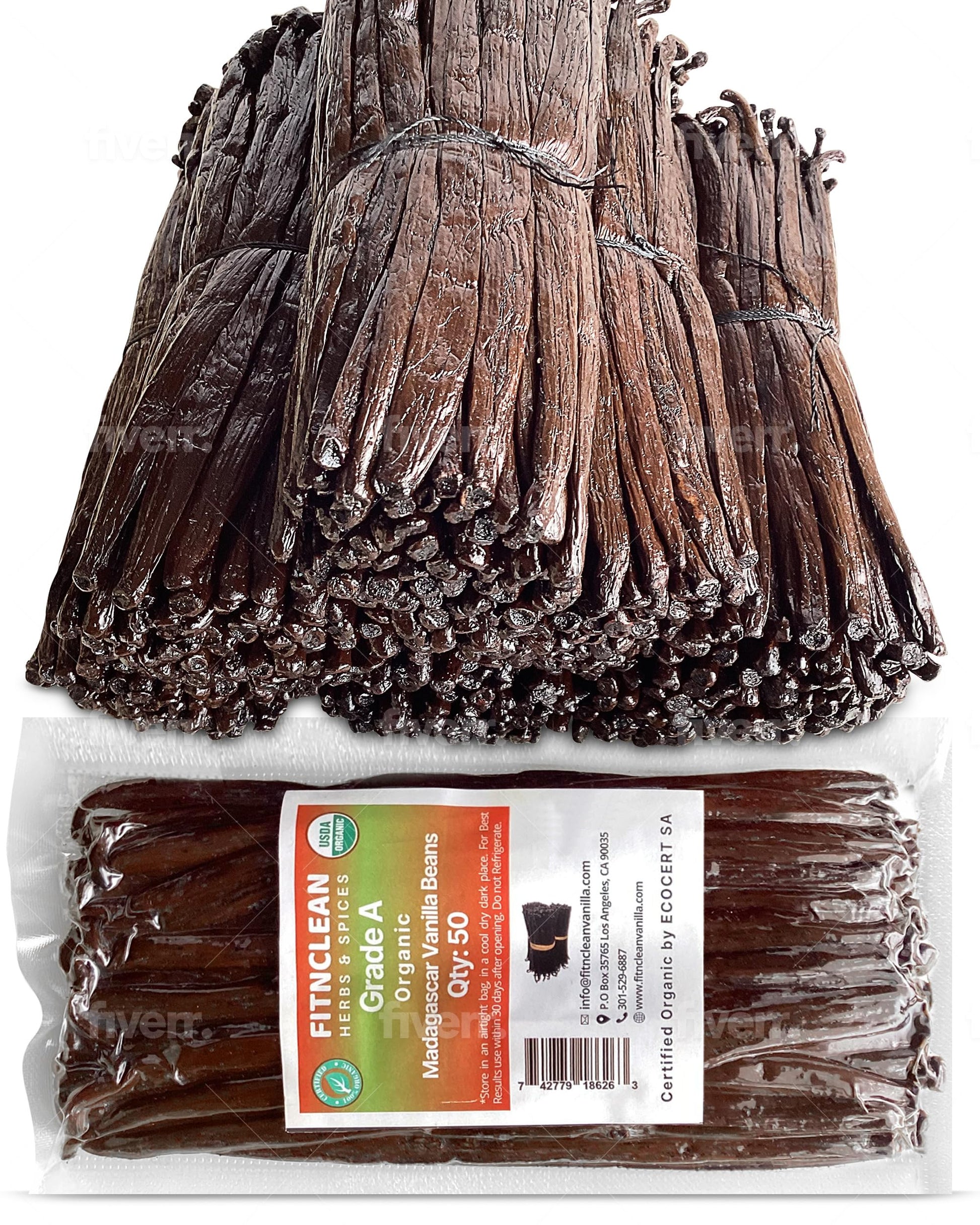 FITNCLEAN HERBS AND SPICES Organic Madagascar Vanilla Beans, 50 Count, Certified USDA Organic, Non-GMO, ~5 Bourbon Pods