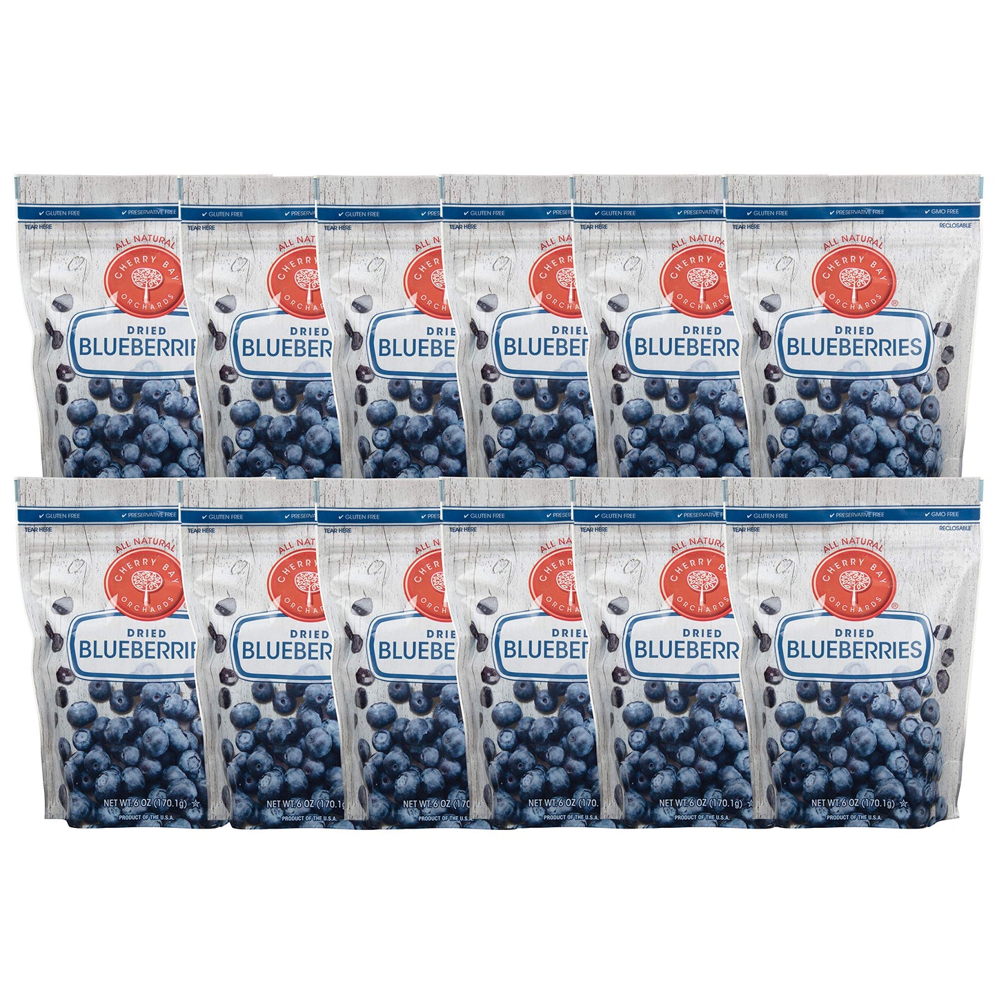 Cherry Bay Orchards - Dried Blueberries - Pack of 12 - 6oz Bags - 100% Domestic, Natural, Kosher Certified, Gluten-Free, and GMO