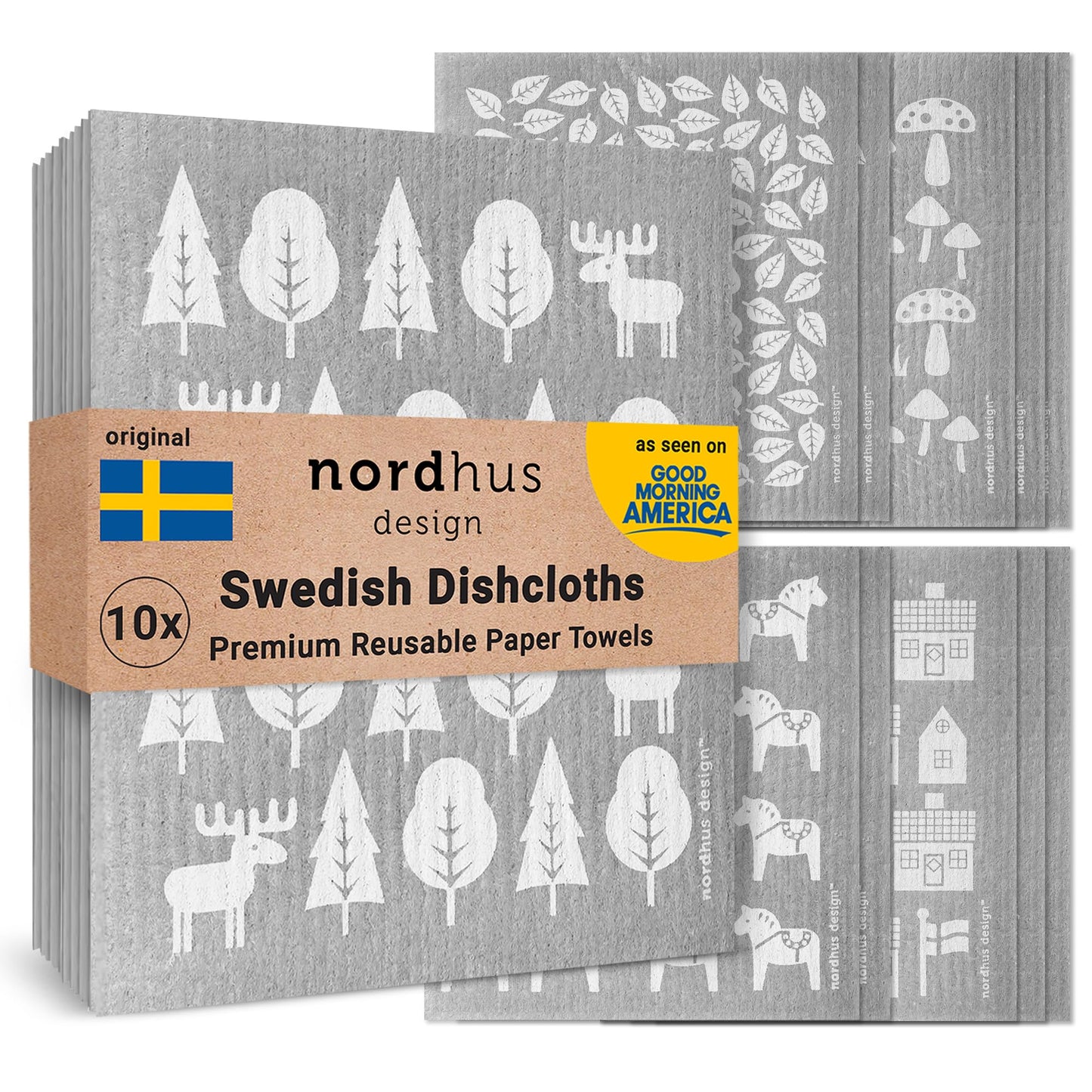 Swedish Dishcloths For Kitchen 10 Pack - Made In Sweden - Reusable And Replace Paper Towels, Sponges And Dish Rags - Eco Friendl