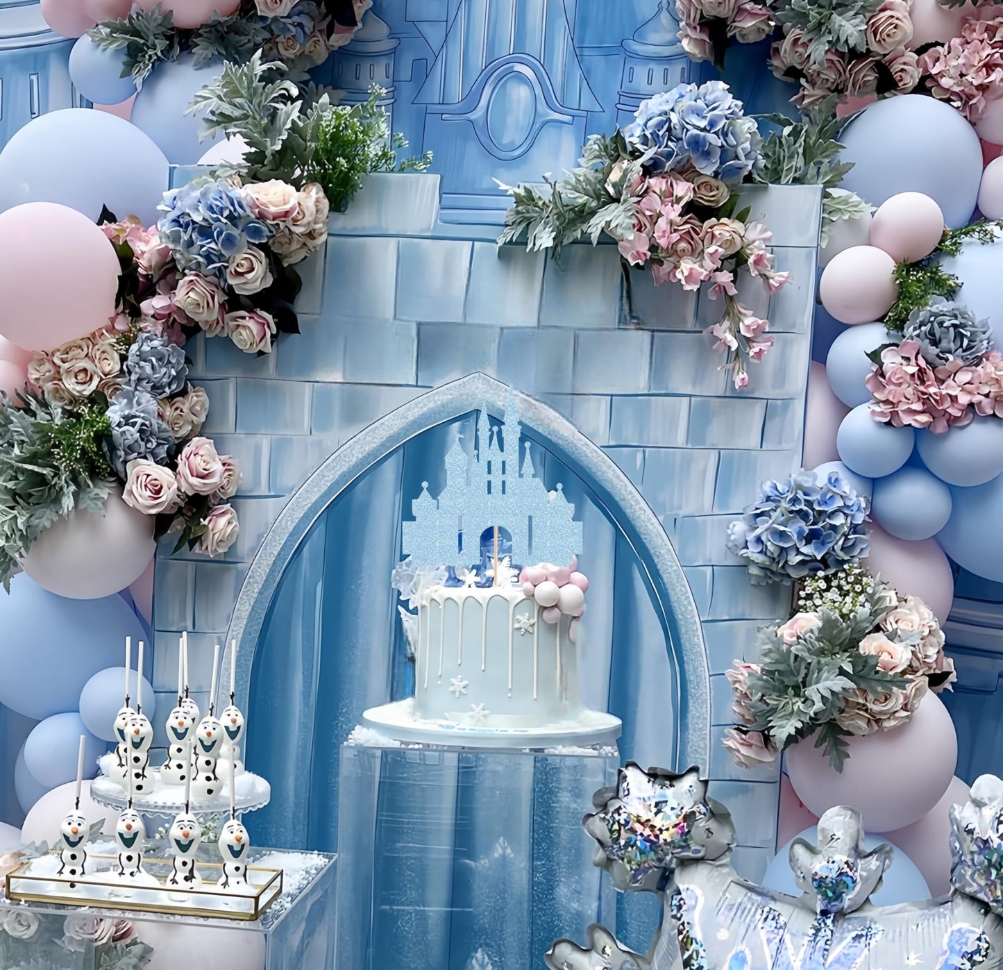 EONNCNT Castle Cake Topper - Light Blue Glitter Cardboard Decoration, 6.3 x 8.7 inches, Birthday Party Supplies