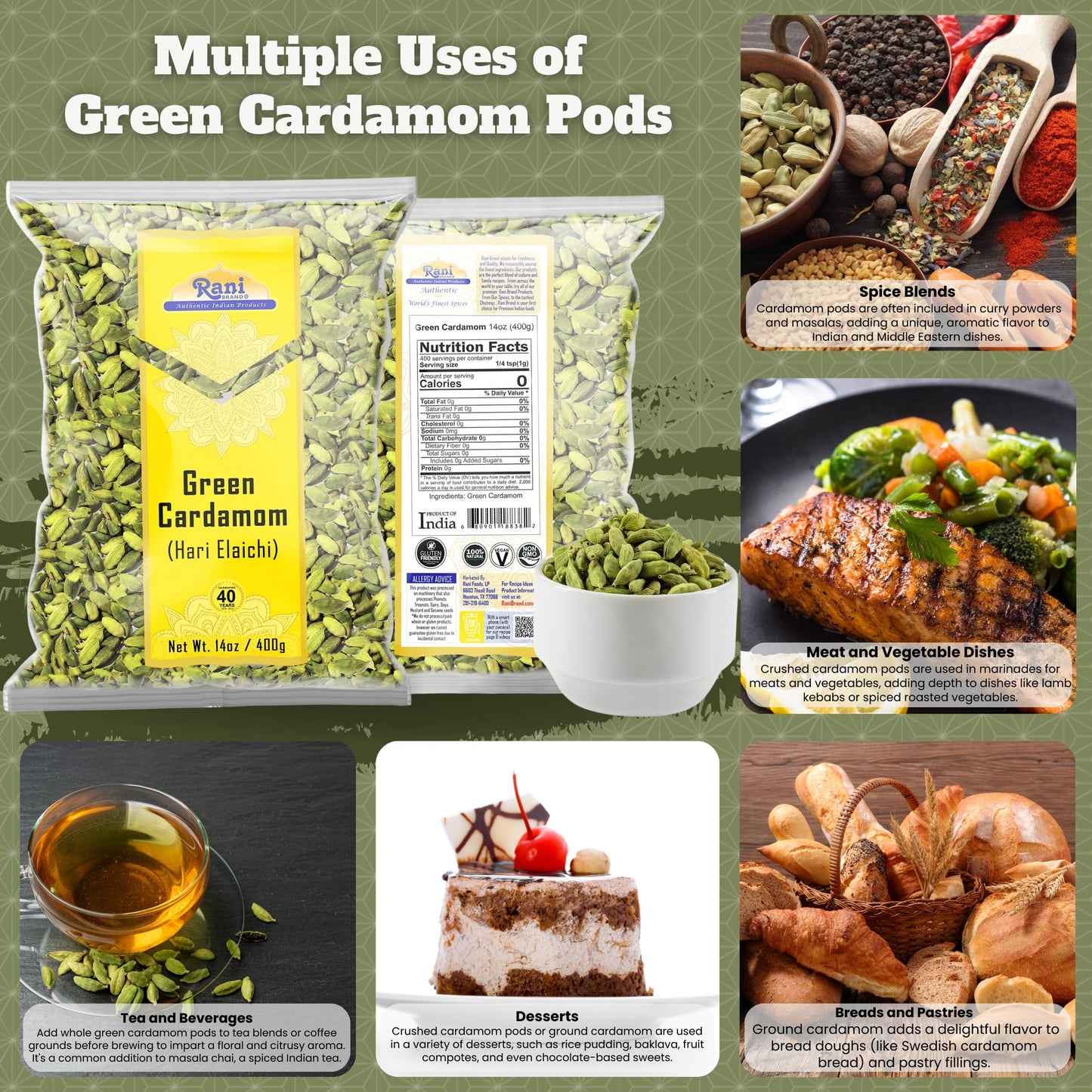 Rani Green Cardamom Pods Spice, All Natural, Vegan, Gluten Friendly, 14oz (400g), Product of India