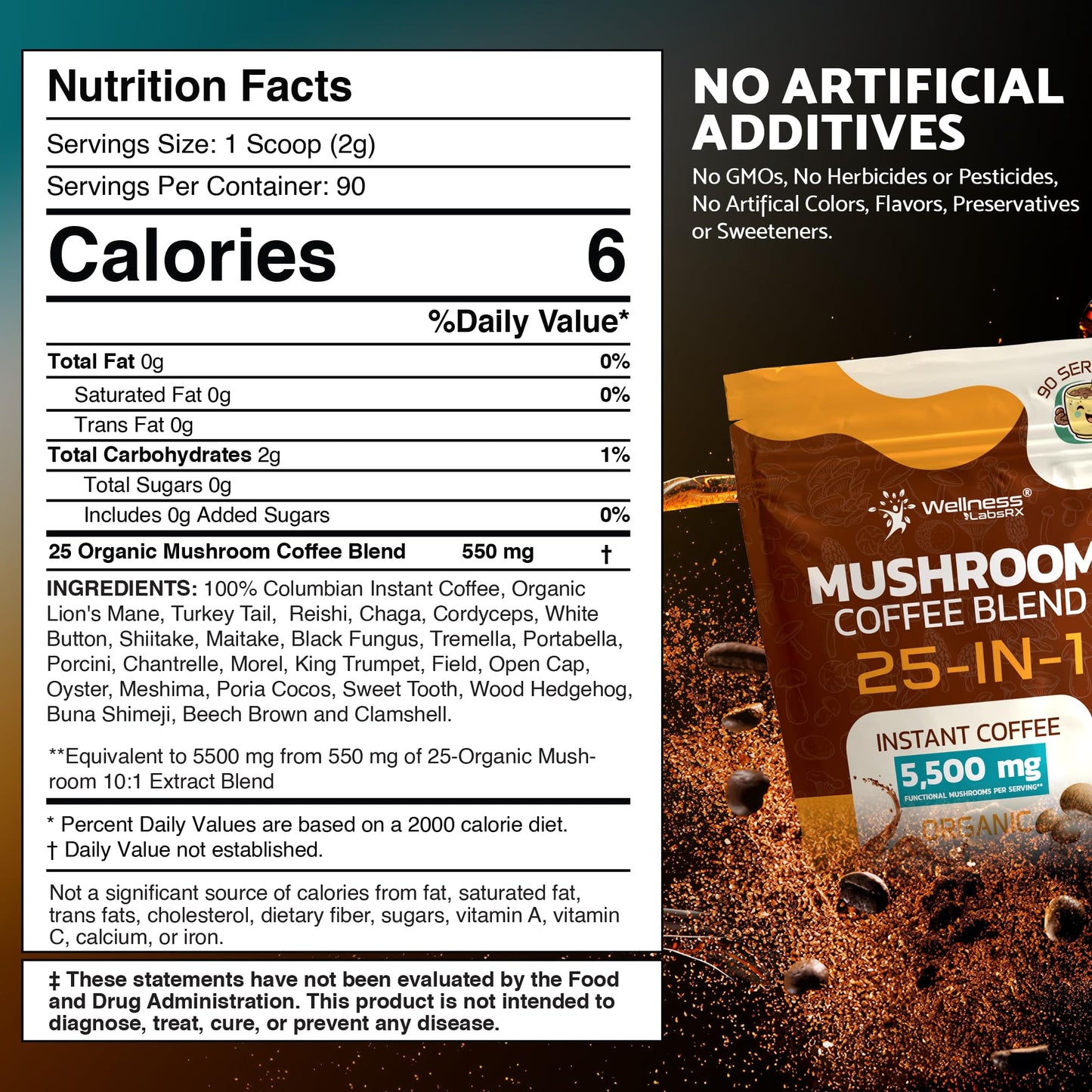 WELLNESS LABS  Mushroom Coffee Instant Coffee, 25-in-1, Keto Friendly, 90 Servings, 6.35 Ounce