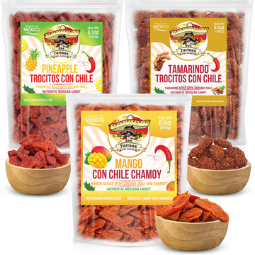 Mexican Fruit Candy 3-Pack, Dulces Mexicanos, Mango Chamoy, Pineapple Chile, And Tamarind Chile, Sweet And Spicy Candies Assortm