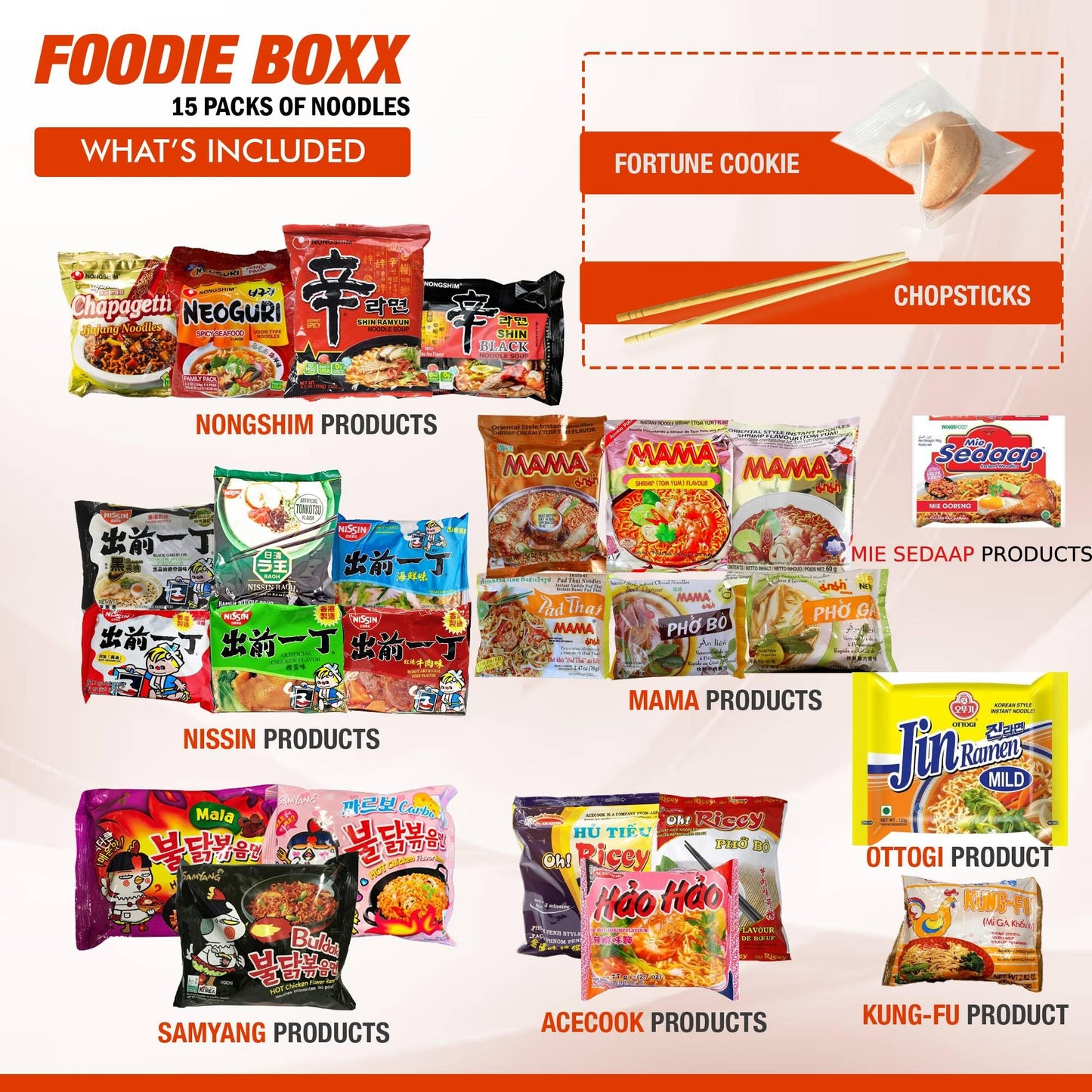 FOODIE BOXX Asian Instant Ramen Noodles Variety Pack with Cookies & Chopsticks (Original)