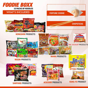 FOODIE BOXX Asian Instant Ramen Noodles Variety Pack with Cookies & Chopsticks (Original)