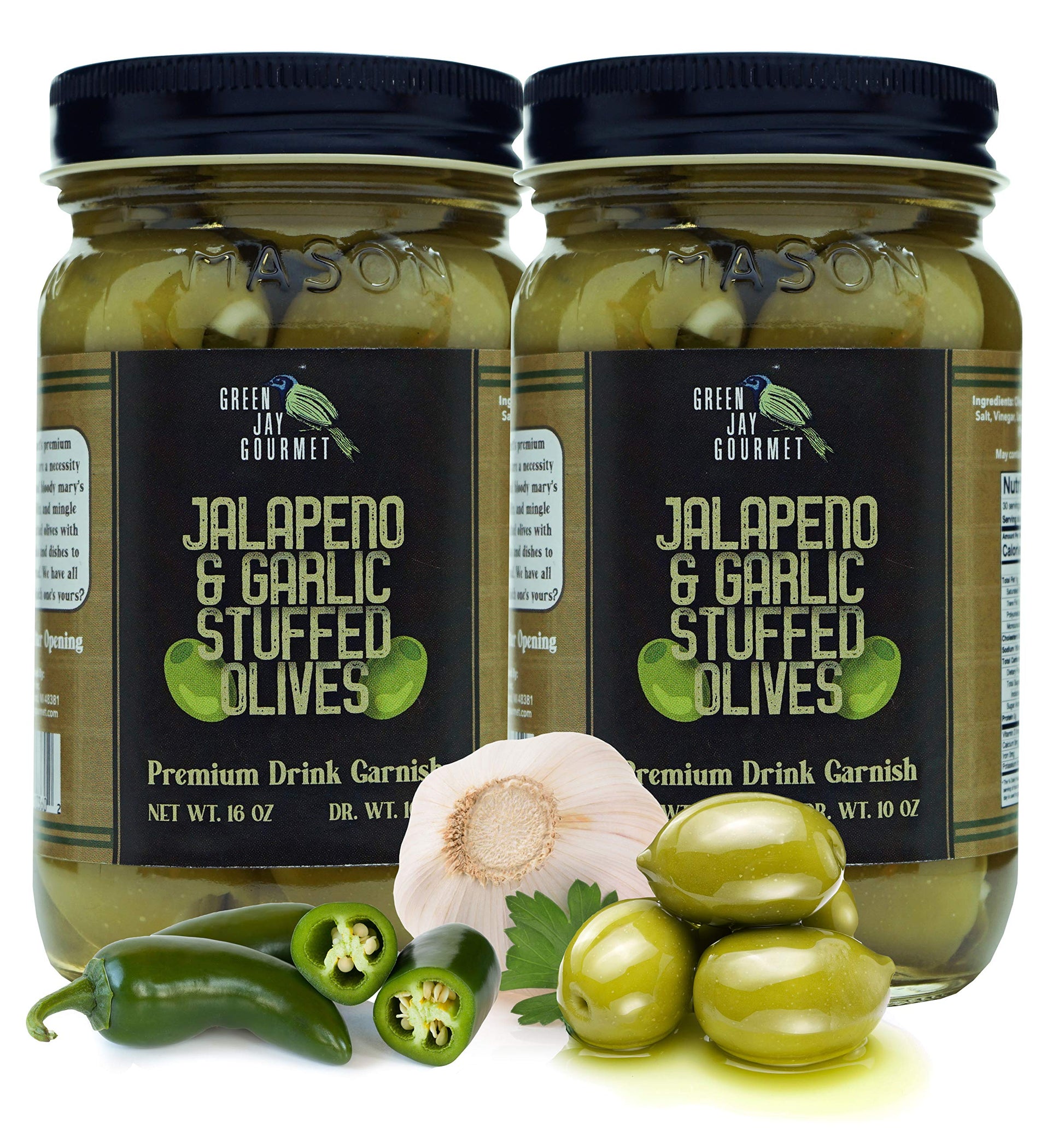 Green Jay Gourmet Double Stuffed Olives - Jalapeno & Garlic - 2 x 16 Ounces - All Natural - Perfect for Cocktails and Cheese Boards