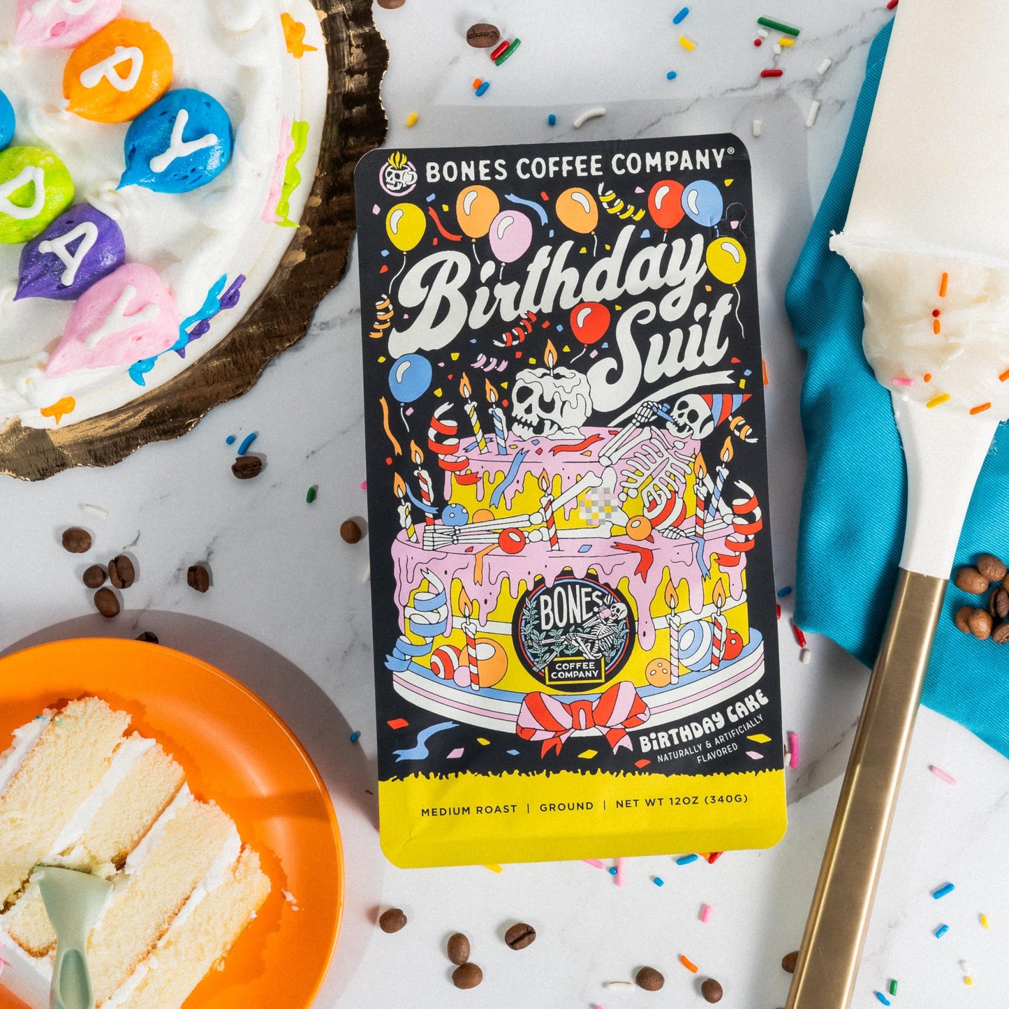 Bones Coffee Company Birthday Suit, Birthday Cake Flavored Coffee, Medium Roast Low Acid Arabica Beans Compatible with Auto drip
