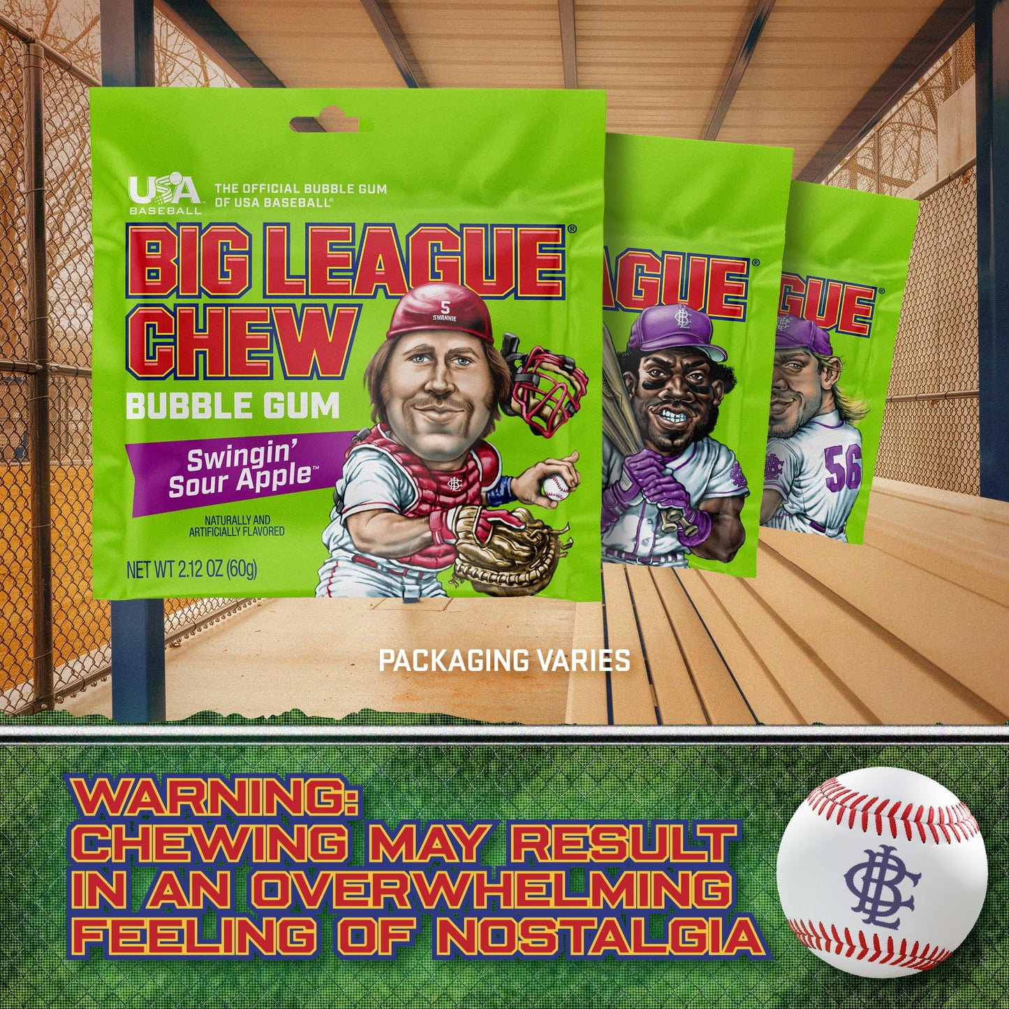 Big League Chew Sour Apple Bubble Gum 3-Pack - 2.12oz Packets - Green