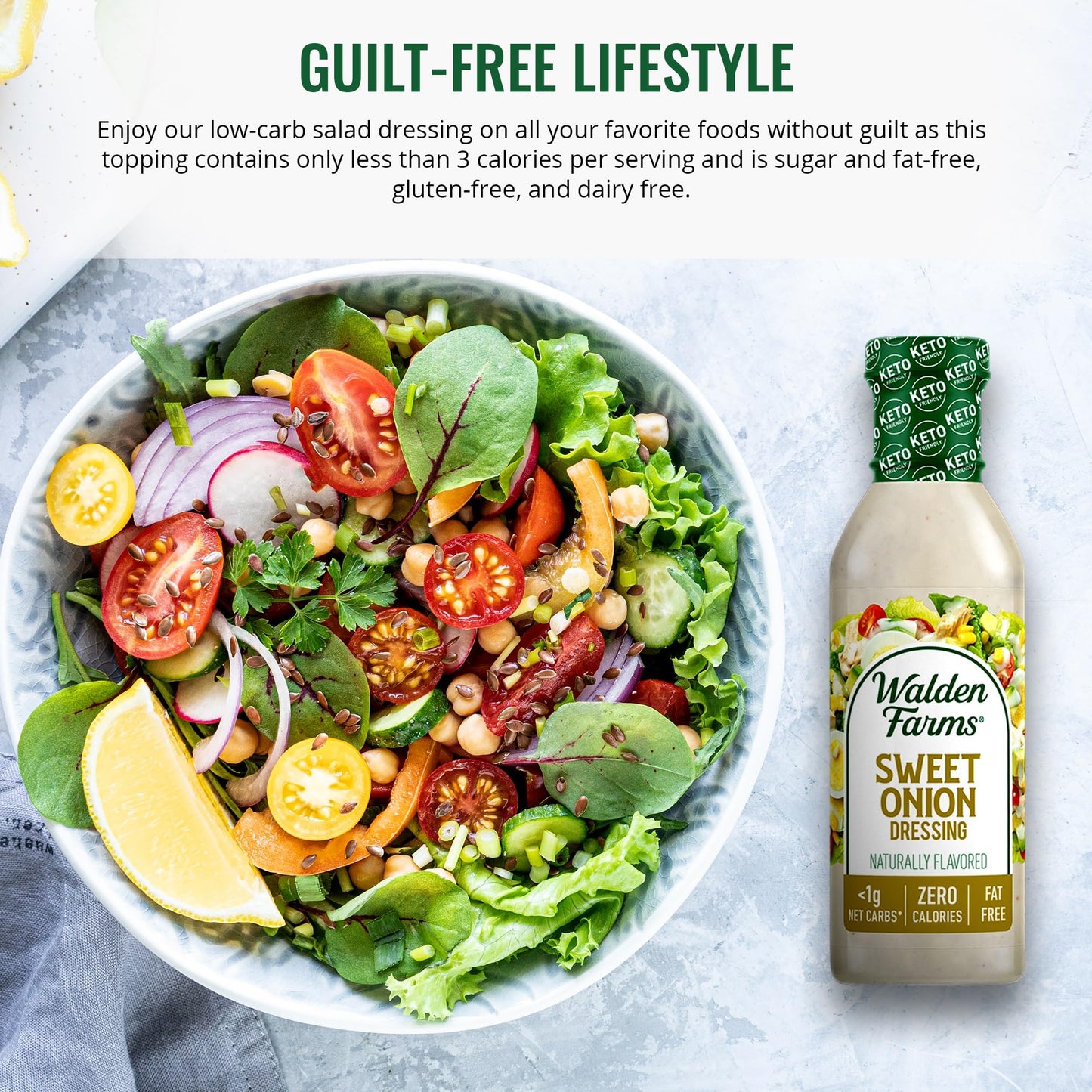Walden Farms Sweet Onion Dressing - Calorie-Free, Gluten-Free, Low Carb, Keto-Friendly, Sugar-Free, Bold Onion Flavor, (12 Oz Bo