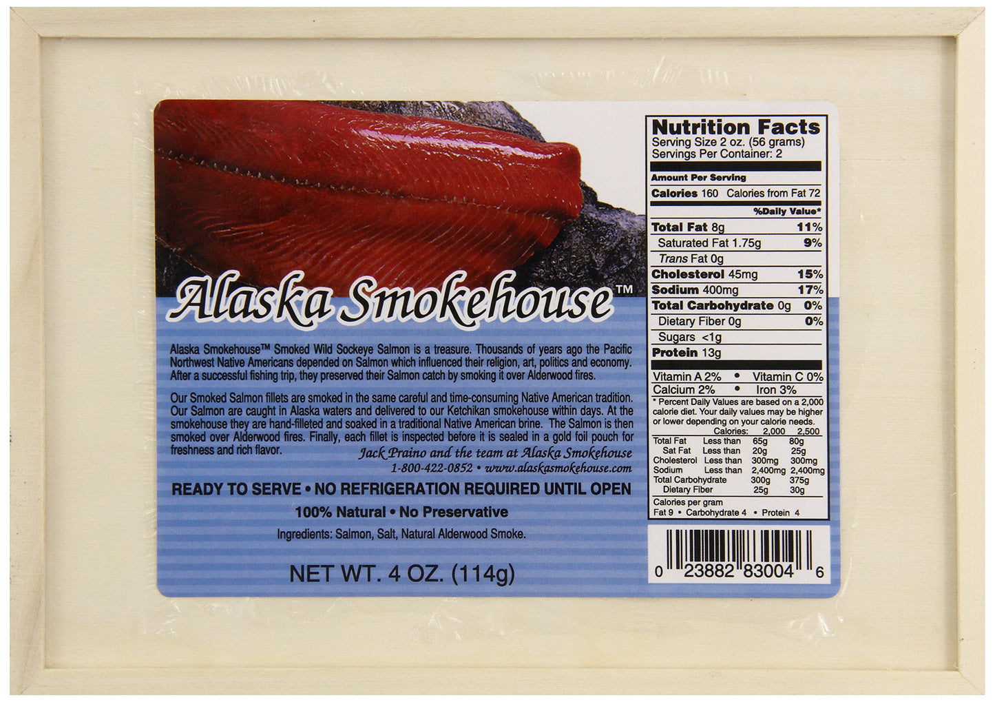 Alaska Smokehouse Smoked Sockeye Salmon Fillet In Wood, 4 Ounce Gift Box