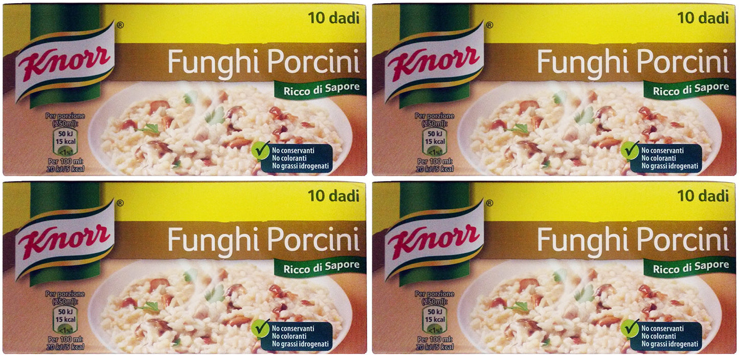 Knorr: ''Funghi Porcini'' Bouillon Cubes, Porcini Mushrooms Taste * Pack of 4 10-Cubes Boxes, 10g Each Cube * [ Italian Import ]