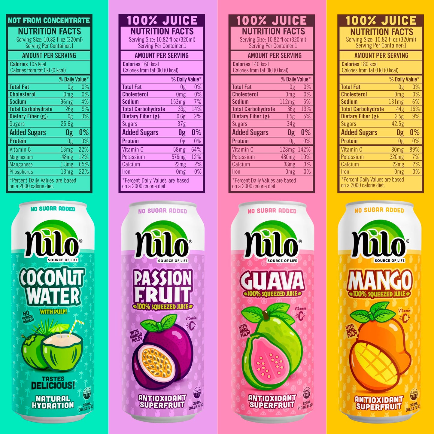 Nilo Variety Pack | 100% Squeezed Juice Guava Mango Coconut Water Passion Fruit | No Sugar Added | Non Gmo | Not From Concentrat