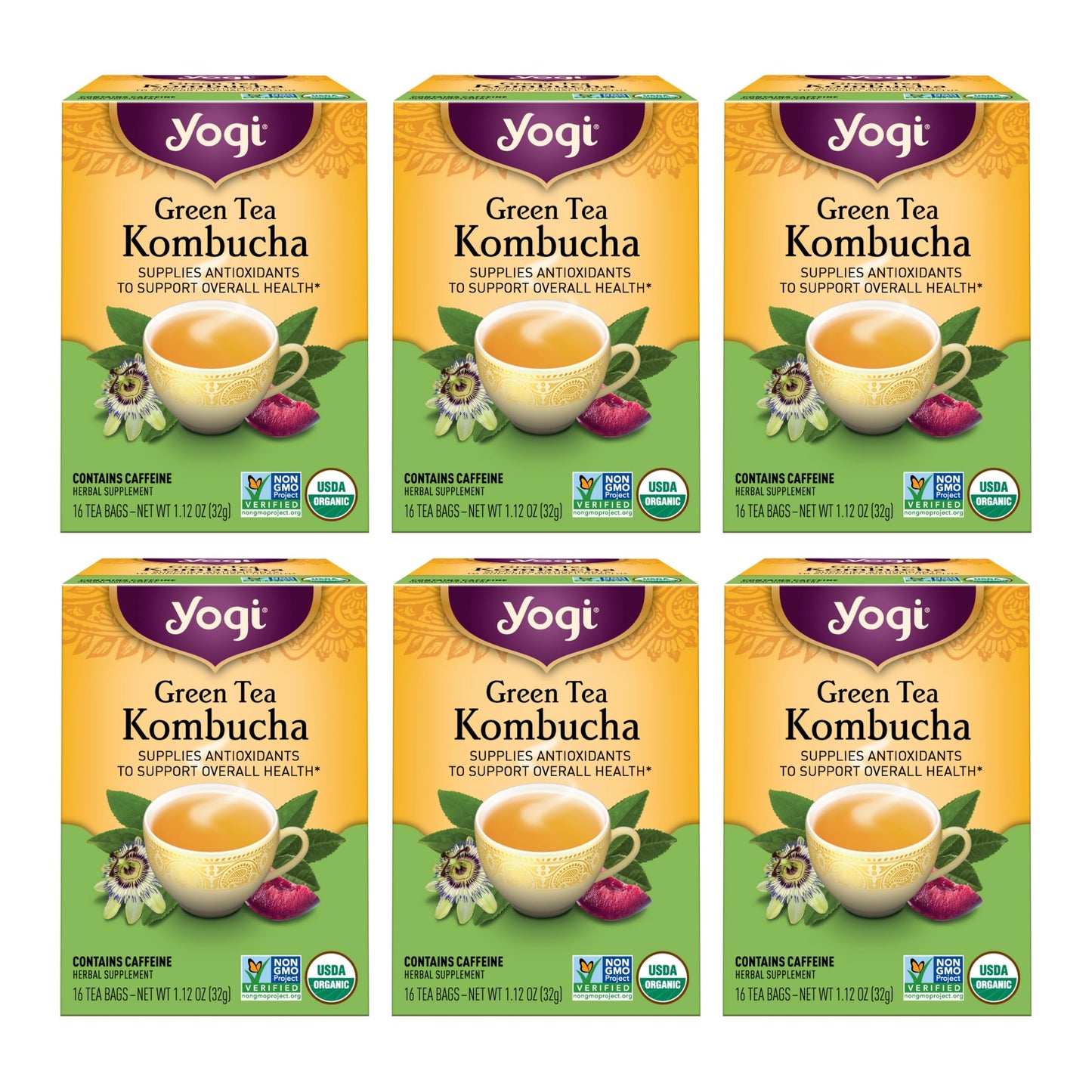 Yogi Green Tea Kombucha - Antioxidant Support - 96 Organic Tea Bags - 6 Pack - Yellow