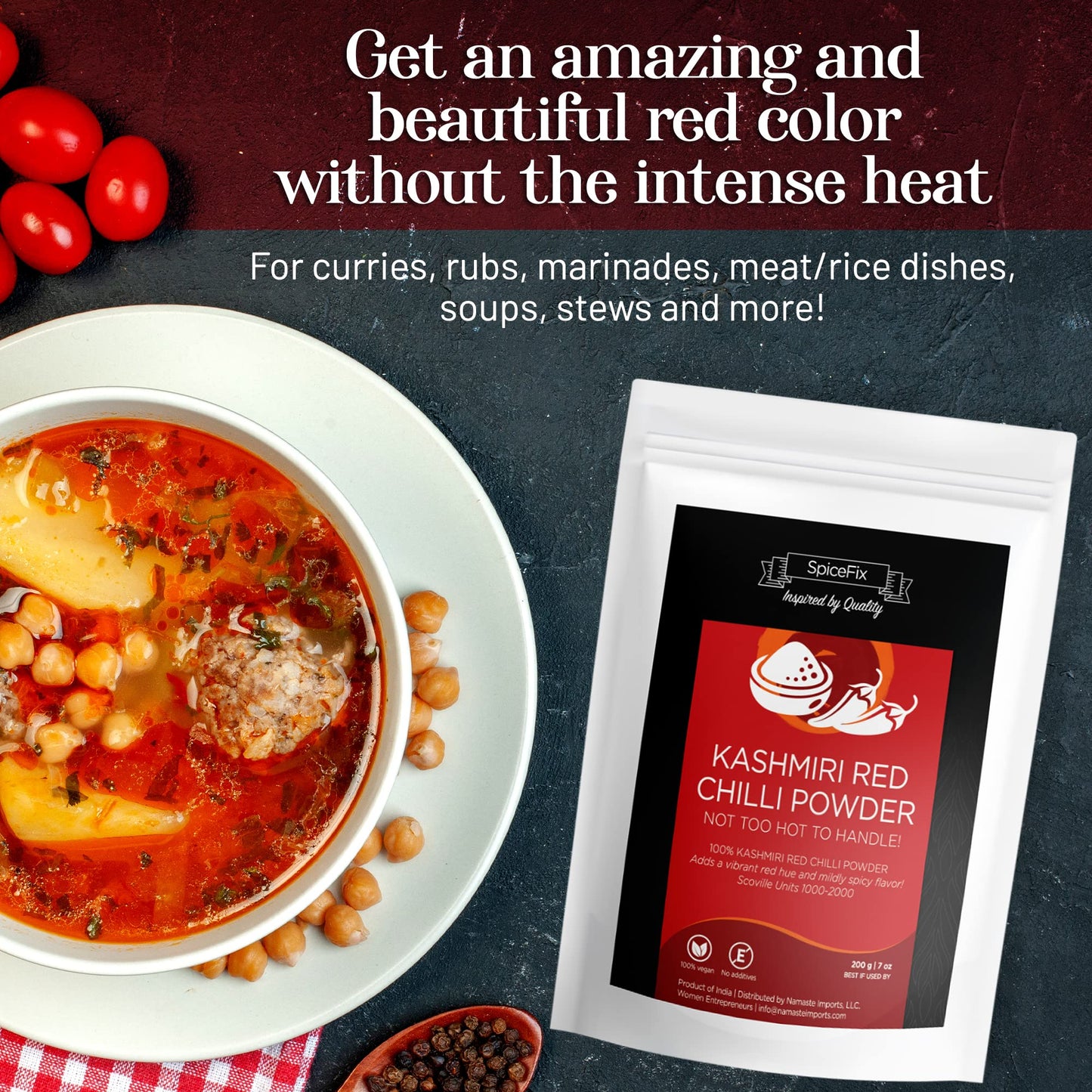 SpiceFix Kashmiri Red Chilli Powder - Mild to Medium Heat, Vegan, 7 Ounces, Deep Red, Resealable Bag