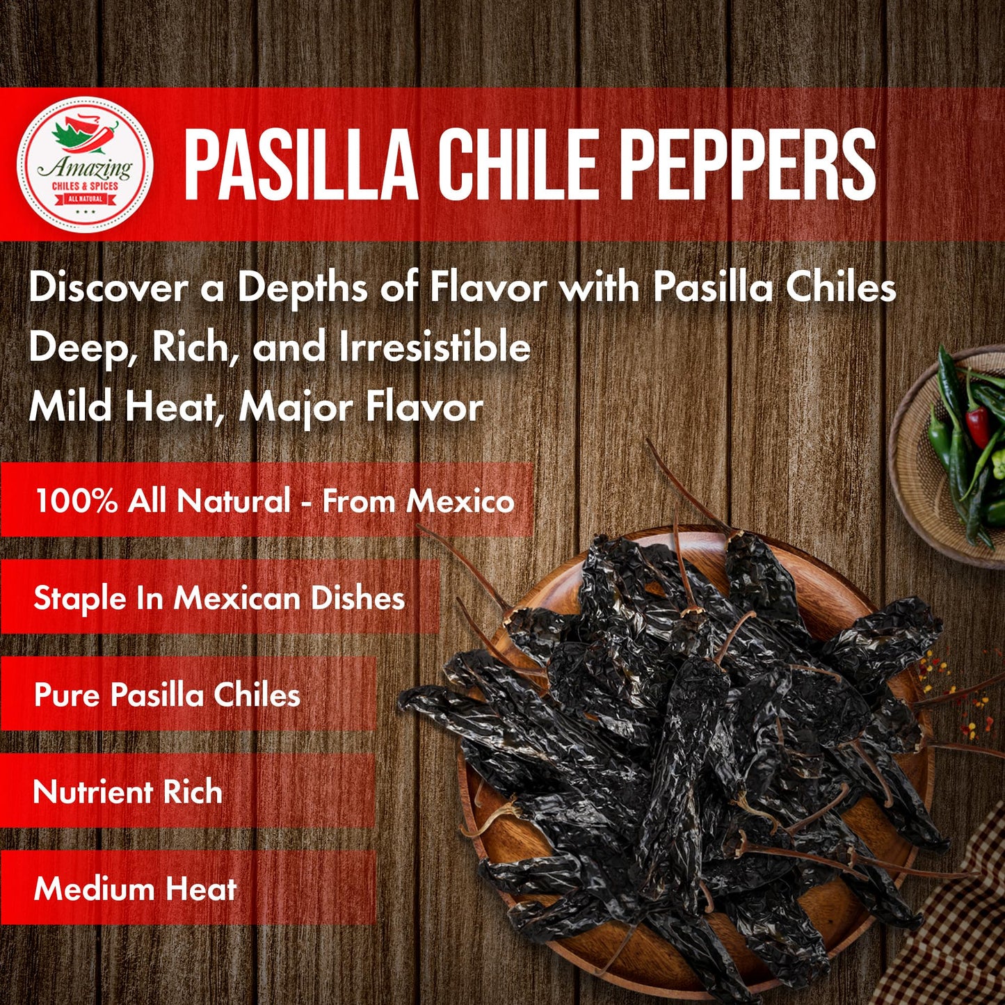 Pasilla Chiles Dried 4 Oz - Staple In Mexican Cooking: Moles, Sauces, Stews, Salsa. Mild Heat – Punget And Tangy Flavor. By Amazing Chiles & Spices