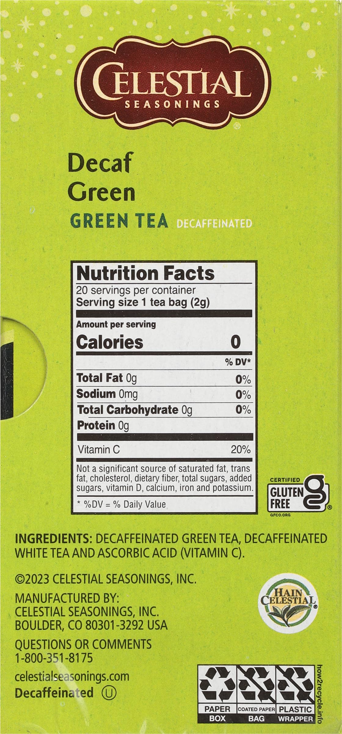 Celestial Seasonings Green Tea, Decaffeinated, 20 Tea Bags, Pack of 6, Model 50307
