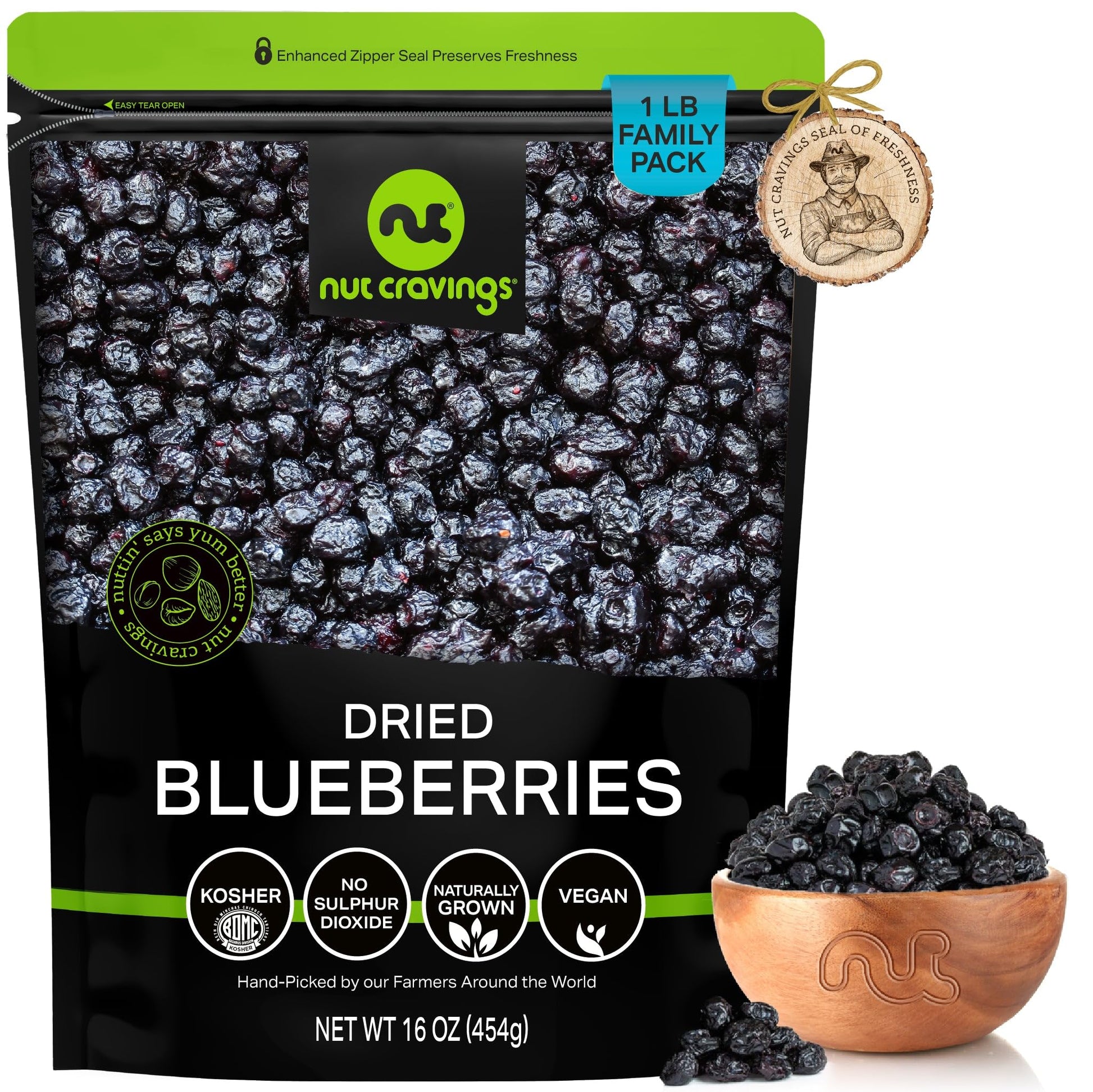 NUT CRAVINGS - Sun Dried Blueberries, Lightly Sweetened, Unsulphured (16oz, 1 LB) Bulk Dry Fruits Packed Fresh in Resealable Bag