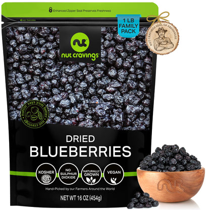 NUT CRAVINGS - Sun Dried Blueberries, Lightly Sweetened, Unsulphured (16oz, 1 LB) Bulk Dry Fruits Packed Fresh in Resealable Bag