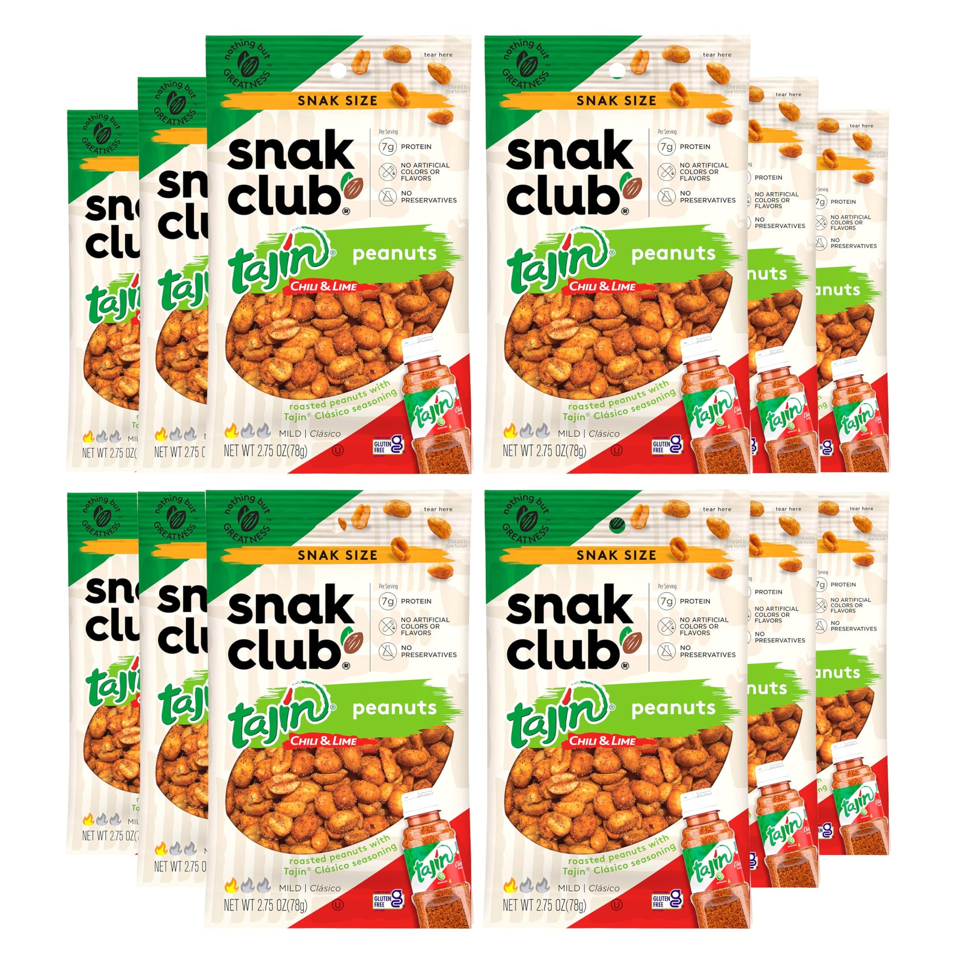 Snak Club Tajin Peanuts, Roasted Chili Lime Nuts, Gluten-Free, 2.75 oz (Pack of 12), Green Label