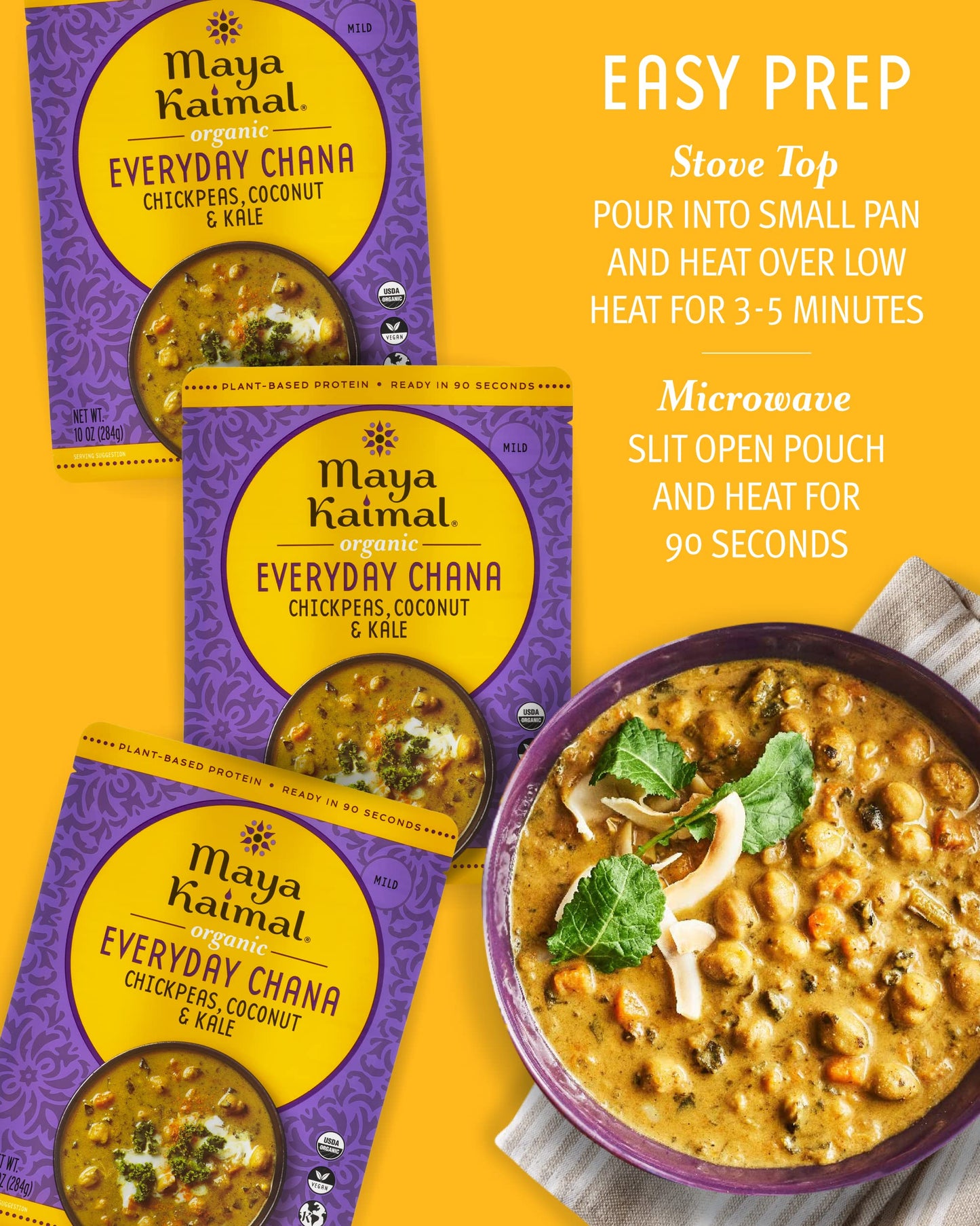Maya Kaimal Organic Indian Everyday Chana - Fully Cooked - Vegan - Microwavable - Ready To Eat Meals (10 Ounce (Pack Of 3), Chickpeas, Coconut & Kale)