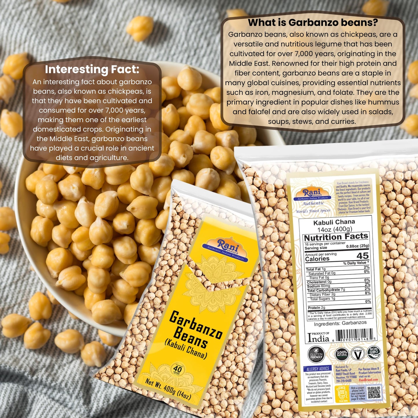 Rani Garbanzo Beans (Kabuli Chana) 14Oz (400G) ~ All Natural | Vegan | Gluten Friendly | Non-Gmo | Kosher | Indian Origin