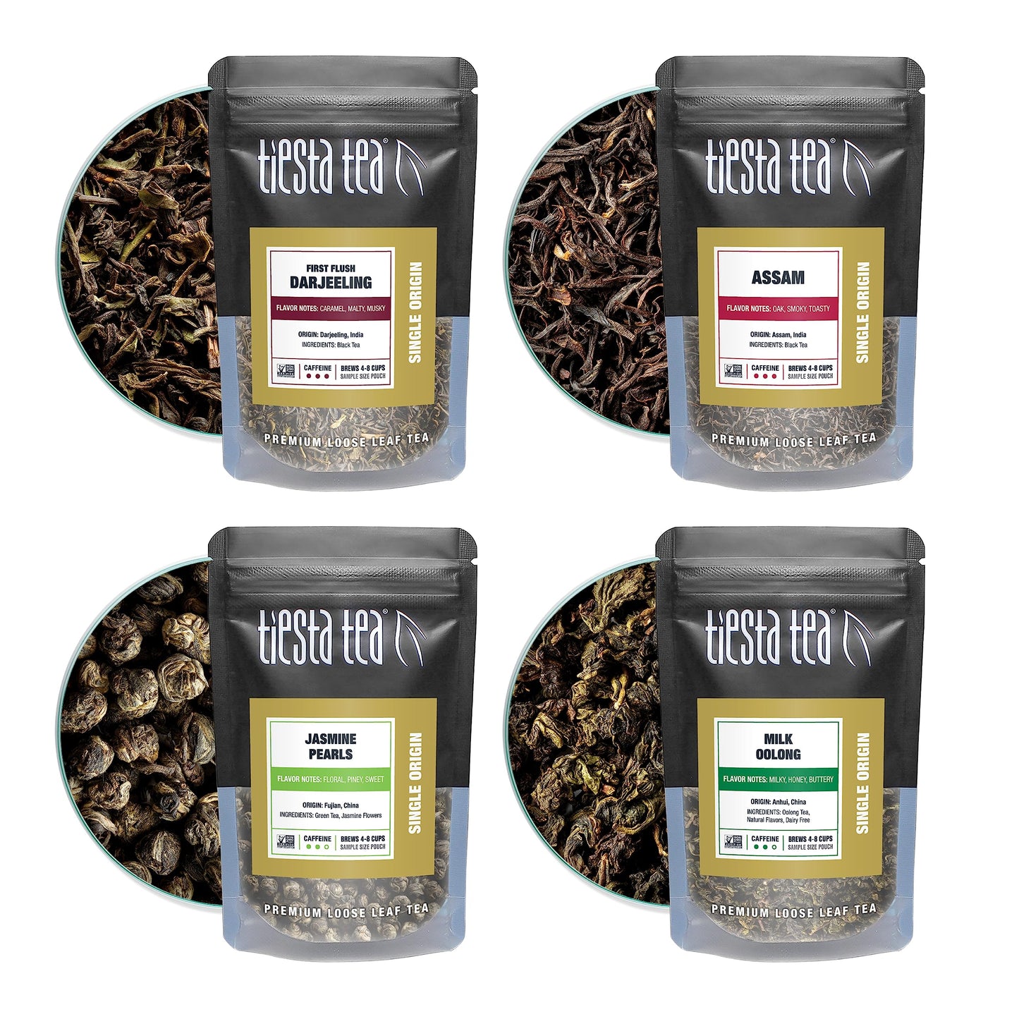 Tiesta Tea Single Origin Tea Sampler Set - Loose Leaf, Assorted Brew Sets, High to Low Caffeine, 7 Resealable Sample Pouches