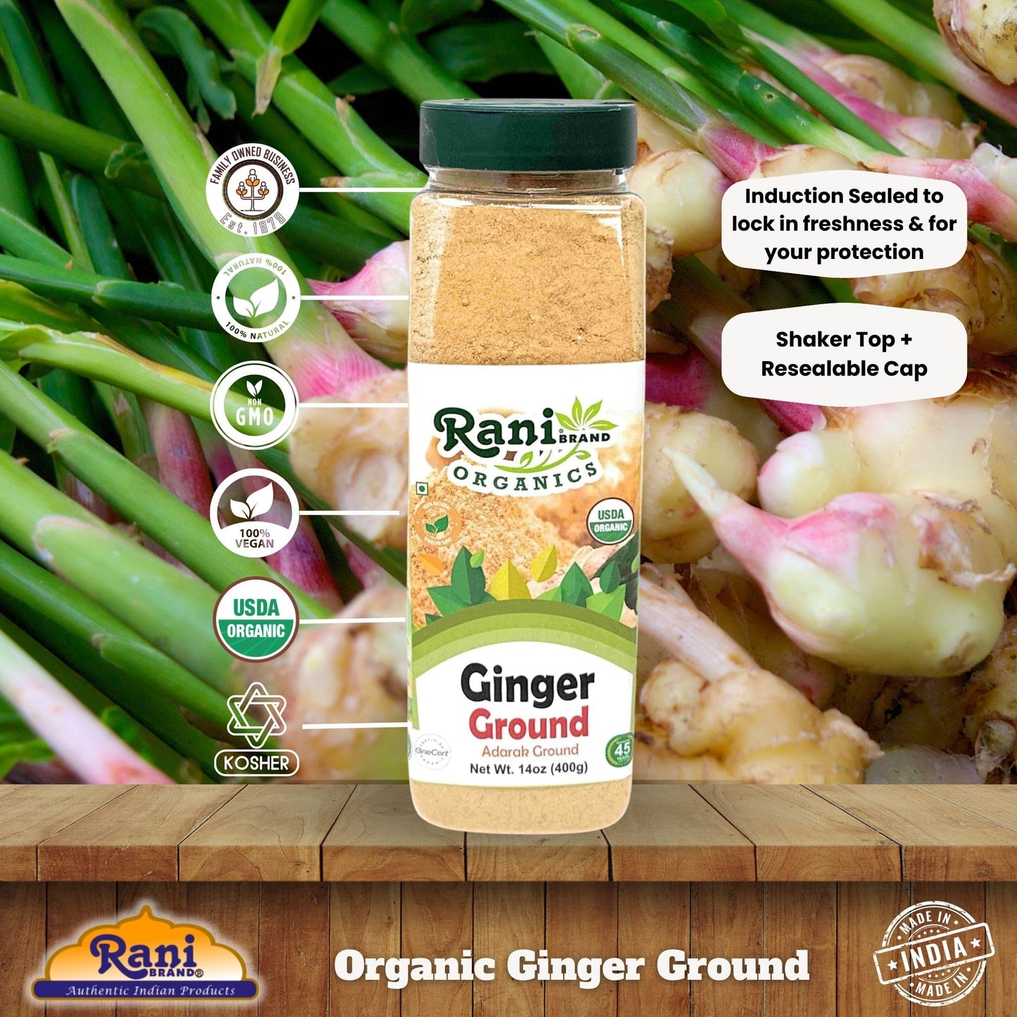 Rani Organic Ginger (Adarak) Powder Ground, Spice 14Oz (400G) Pet Jar ~ All Natural | Vegan | Gluten Friendly | Non-Gmo | Indian