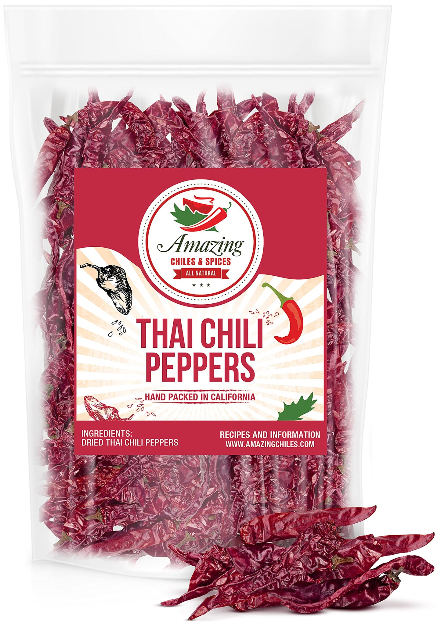 Authentic Red Thai Chili Peppers, 5 Oz. Bag, Genuine Hot Red Whole Pepper Chilis, Dried Fresh For Cooking Traditional Asian Food