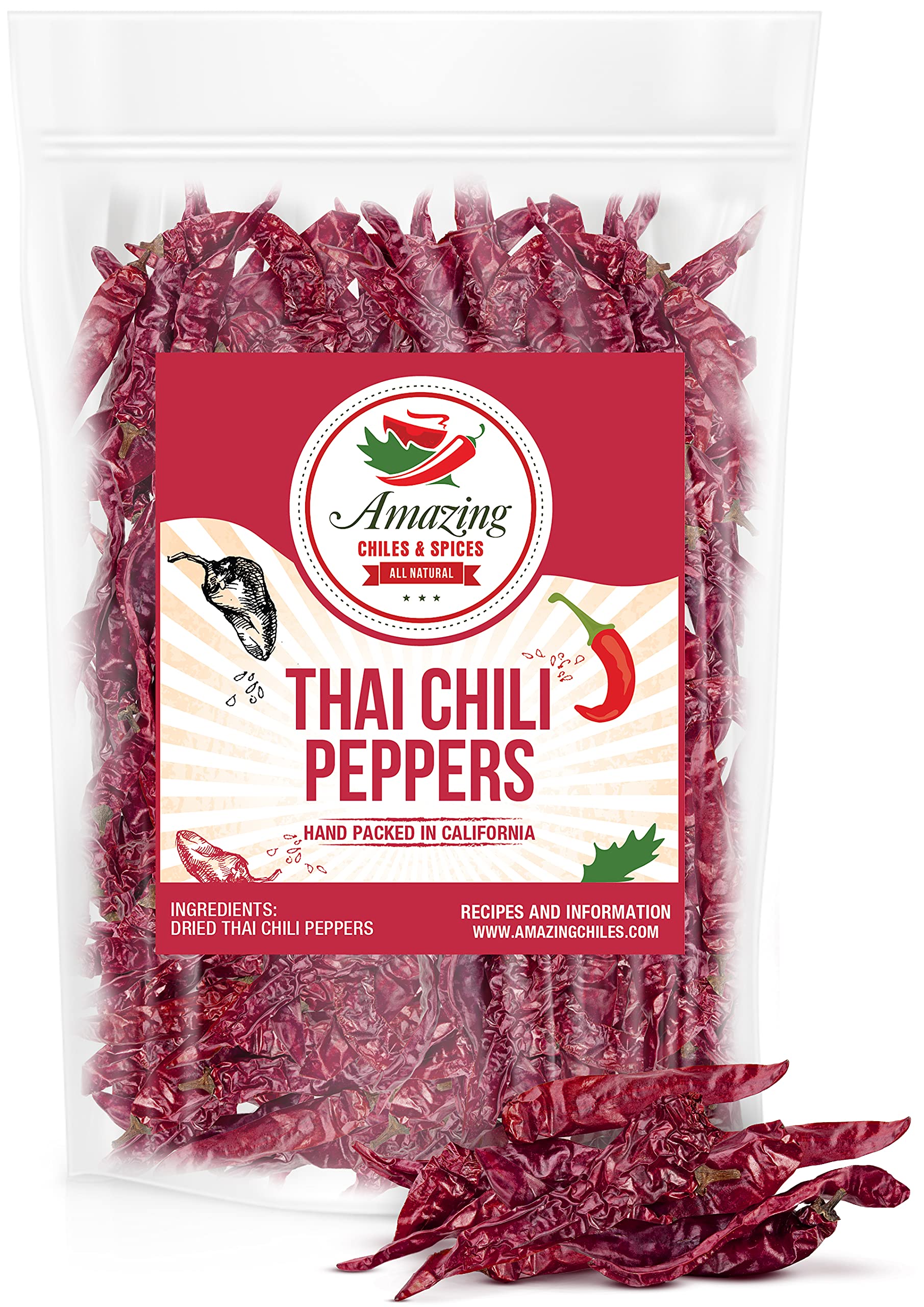 Authentic Red Thai Chili Peppers, 5 Oz. Bag, Genuine Hot Red Whole Pepper Chilis, Dried Fresh For Cooking Traditional Asian Food