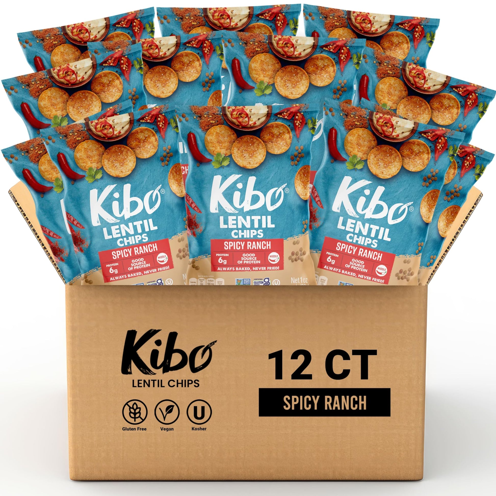 KIBO FOODS Lentil Chips Spicy Ranch, Non-GMO, Vegan, 6g Protein, 1 OZ (Pack of 12)