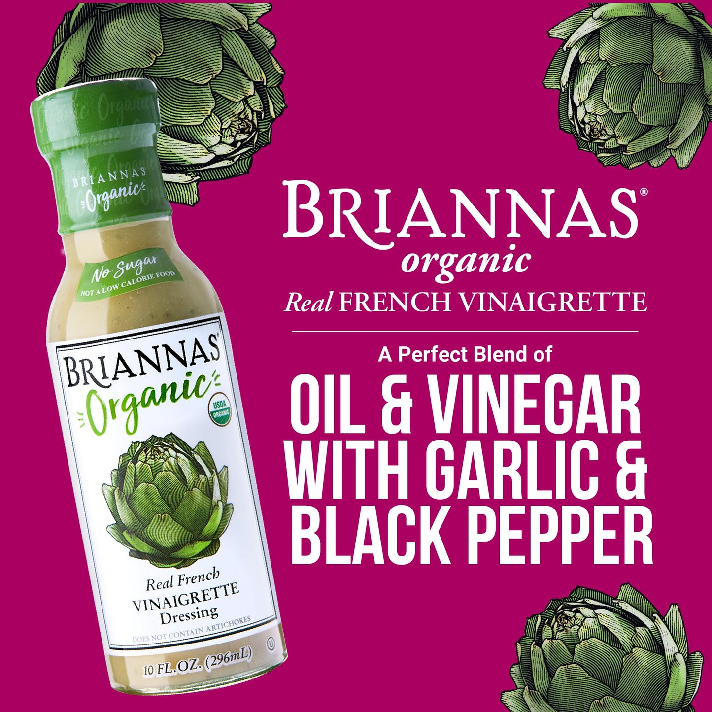 BRIANNAS Organic Real French Vinaigrette Dressing, Sugar-Free, 10 Fl Oz