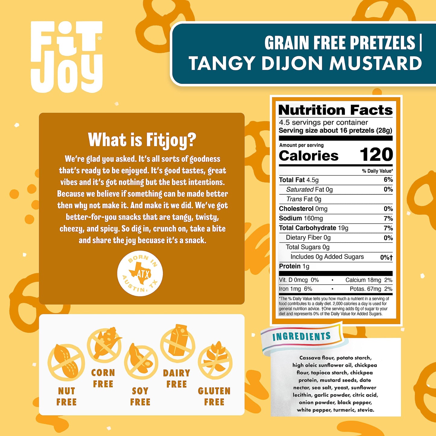 FitJoy Tangy Dijon Mustard Pretzels (Pack of 6, 4.5 Oz) - Dairy, Nut & Gluten Free Snacks - Grain Free Cassava Root & Chickpea F