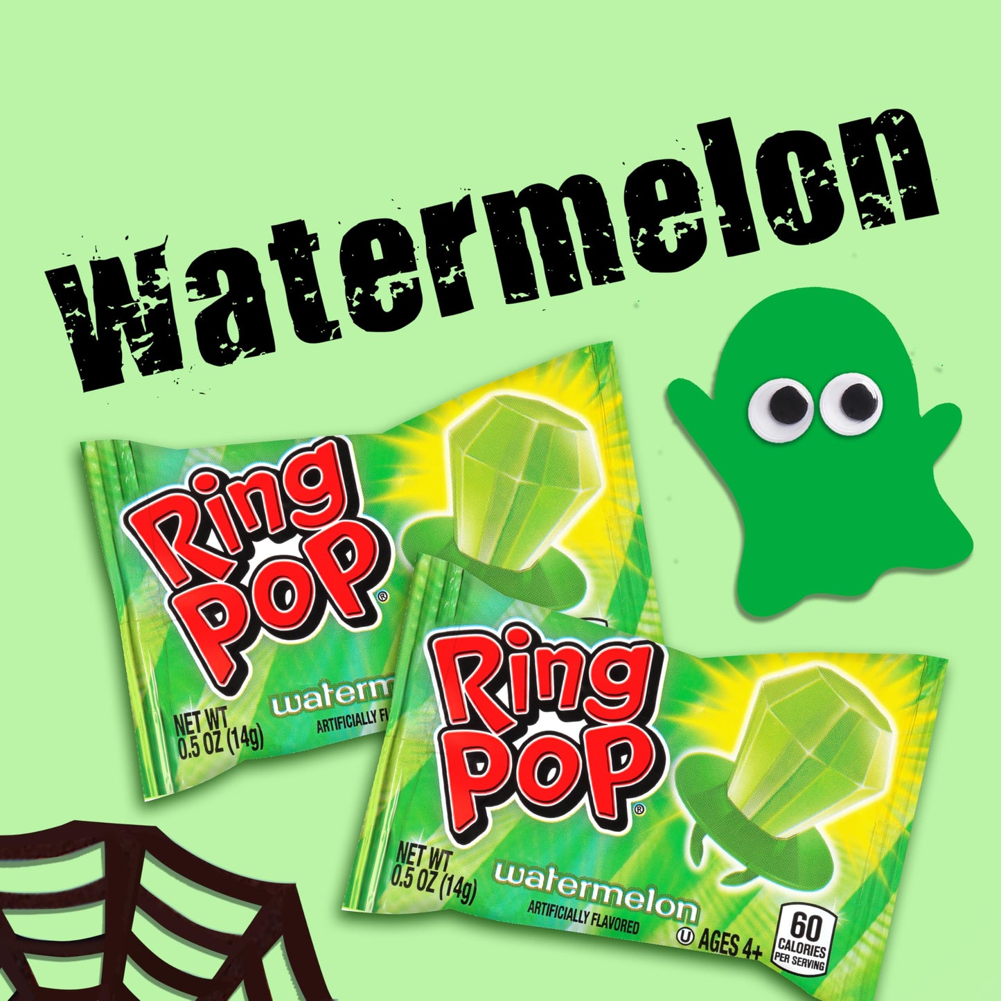 Ring Pop Green Halloween Candy Lollipops, 30Ct Bulk Candy Individually Wrapped in Green Watermelon Flavor, Full Size, Fun Hard C