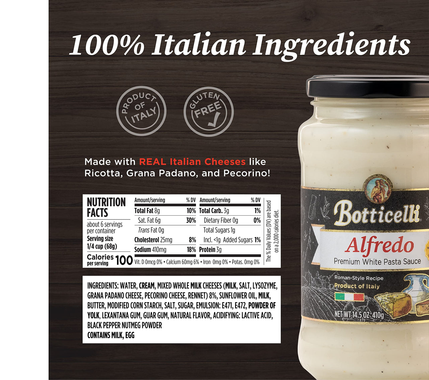 Botticelli Alfredo Premium Italian Pasta Sauce, Gluten-Free, 14.5oz Jars (Pack of 6), Product of Italy, Roman-Style Recipe