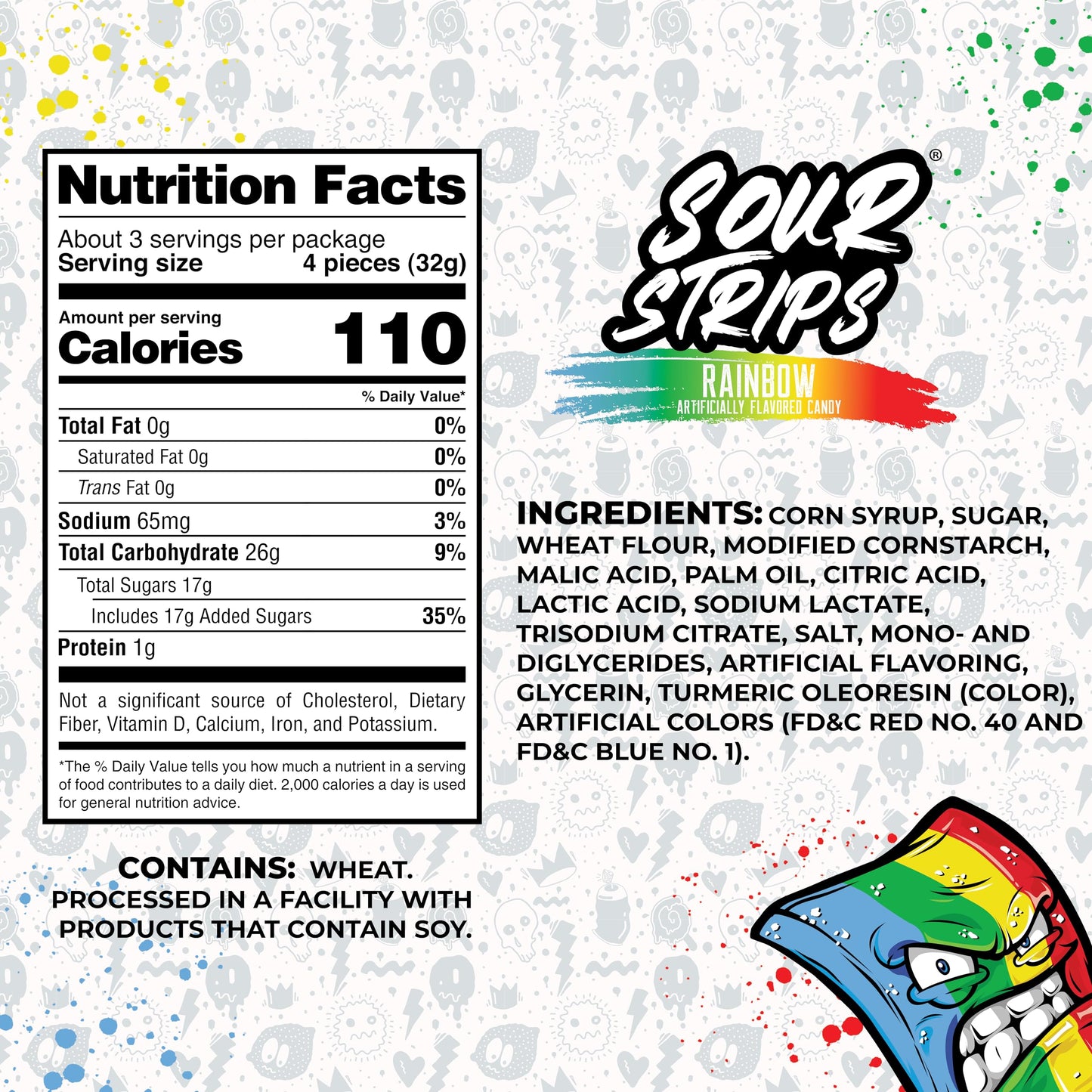 SOUR STRIPS Sour Candy Strips, Chewy Vegetarian Belts, Rainbow Flavor, 3 Pack
