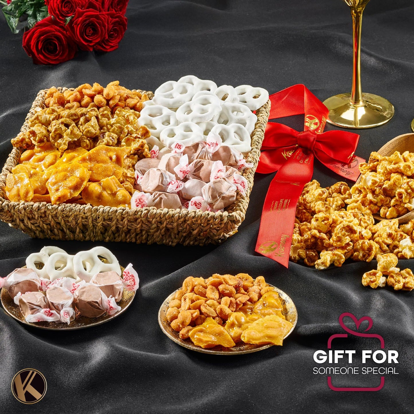 Kremery Creamy Chocolate Cravings - Fathers Day, Chocolate Covered Pretzels & Caramel Popcorn Gift Basket, In Seagrass Tray + Ri