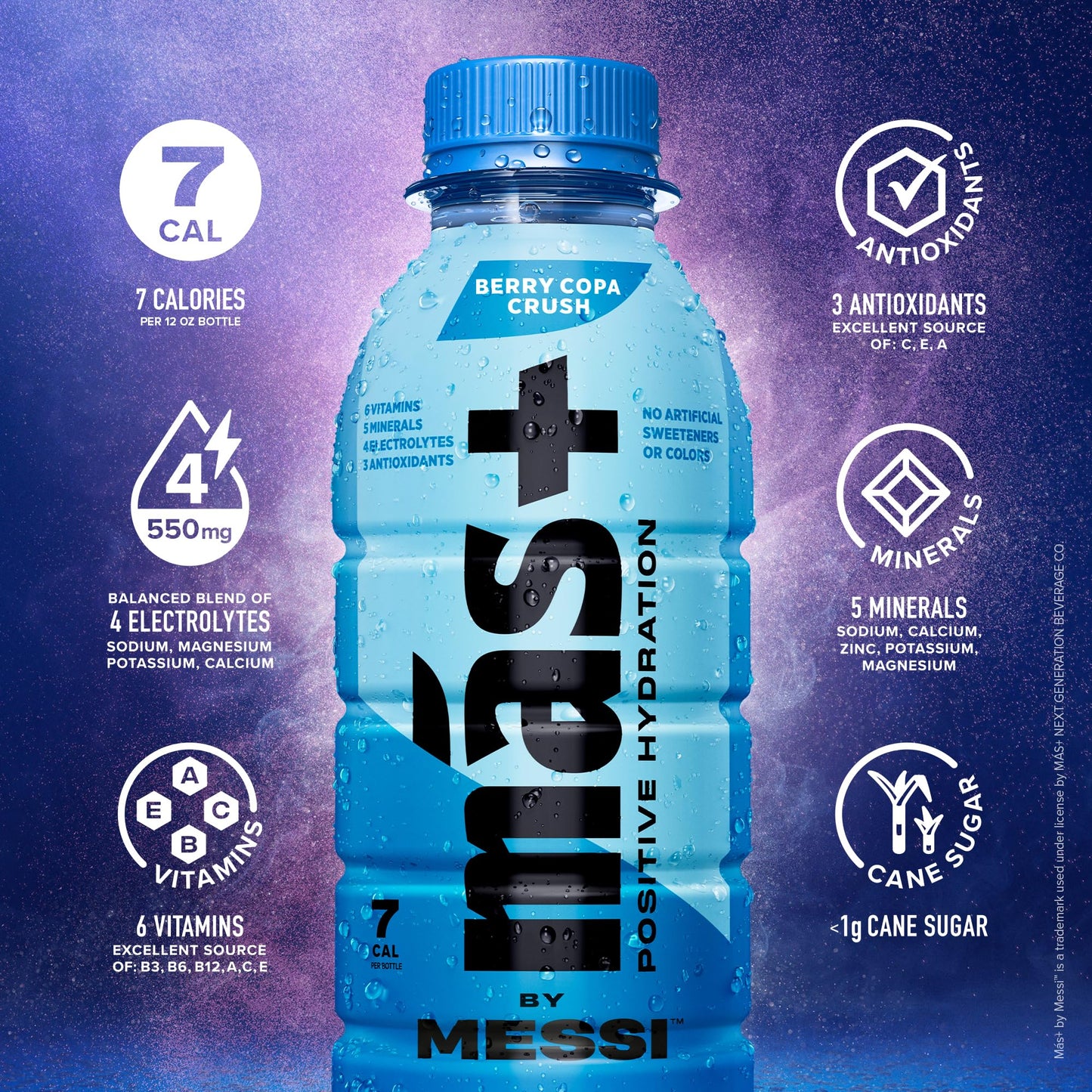 Más+ by Messi Sports Drink, Natural Flavors with Vitamins & Electrolytes, 12 Fl Oz, 12-Pack, No Artificial Sweeteners or Colors