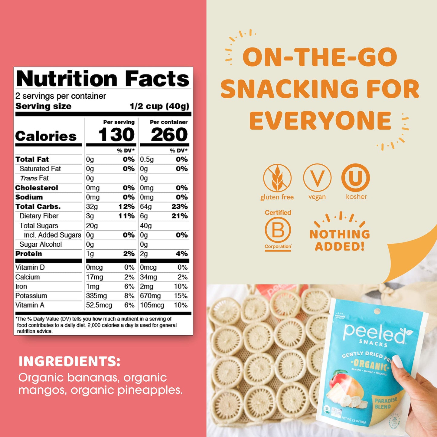 Peeled Snacks Organic Dried Fruit, Paradise Blend With Dried Mango, Pineapple And Banana, 2.8 Oz. - Healthy, Vegan Snacks For On